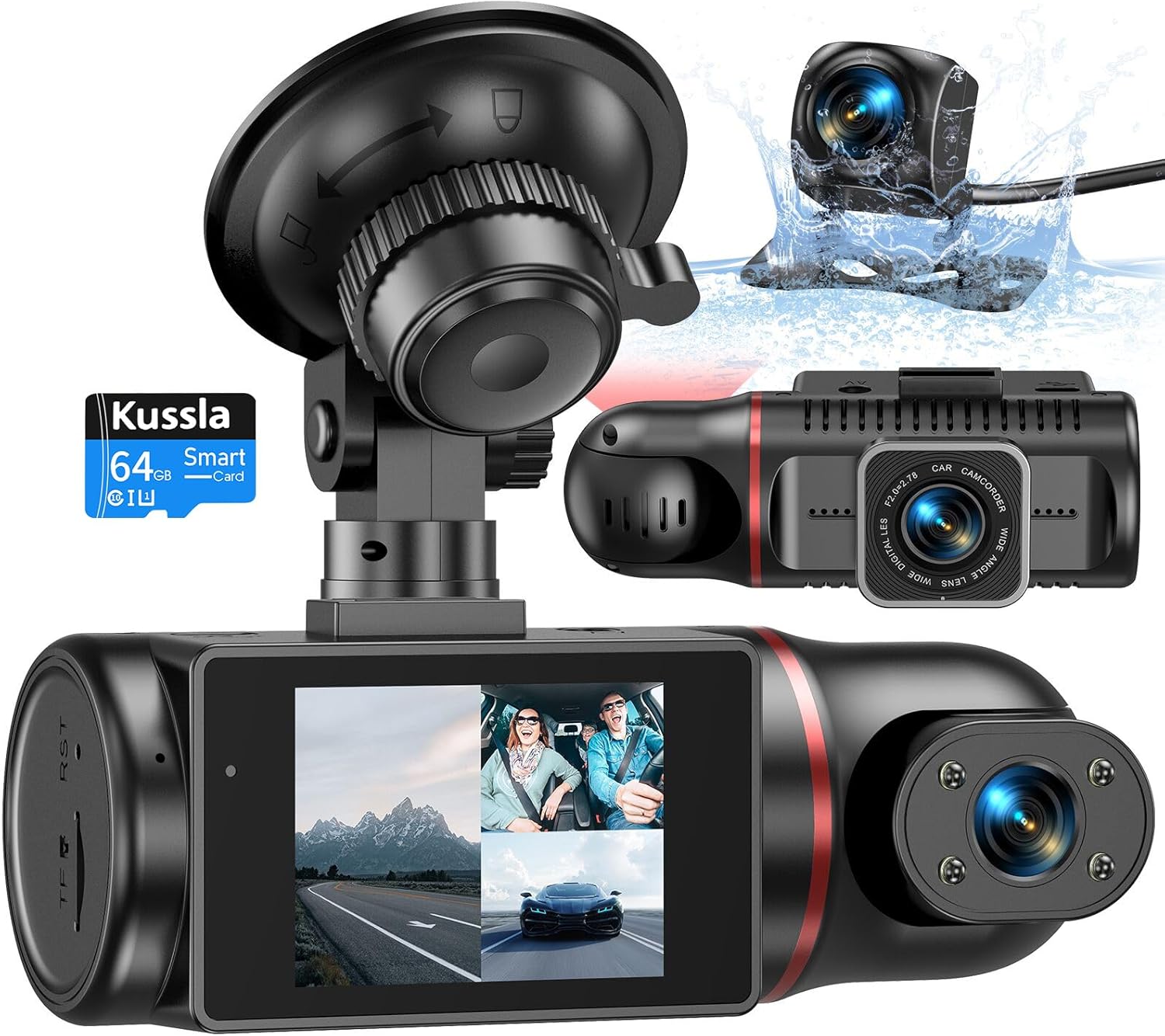 Kussla Dash Cam Front and Rear Inside 3 Channel Da...