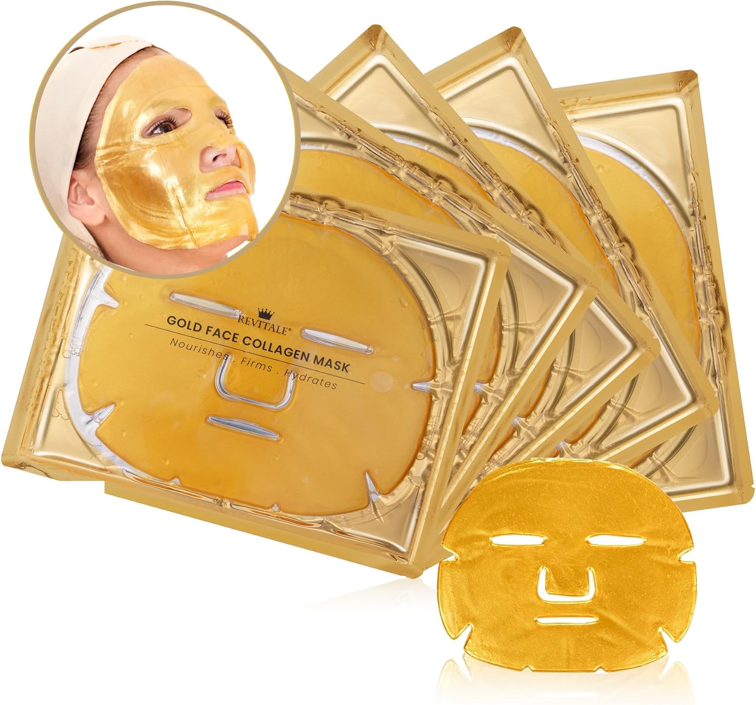 Revitale 24K Gold Face Mask (5 Pack) - Hydrating & Nourishing Sheet with Collage...