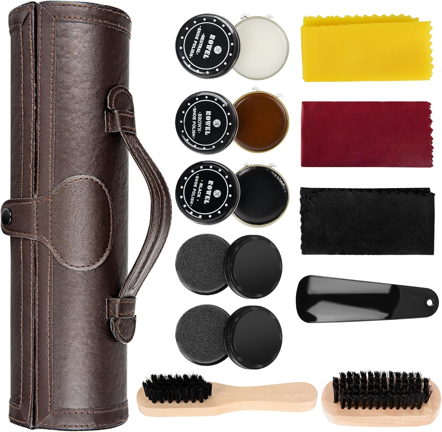 Shoe Polish Kit - Cleaning Shine Care Barrel Set For Brown Black Leather With Br...