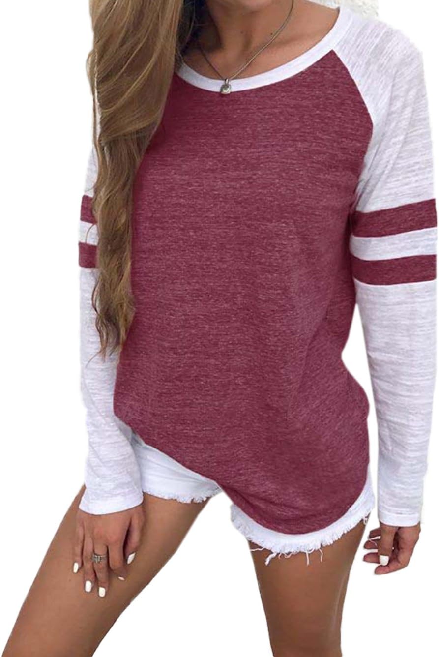 Famulily Women's Long Sleeve Baseball Tee Shirt Crew Neck Striped Tops