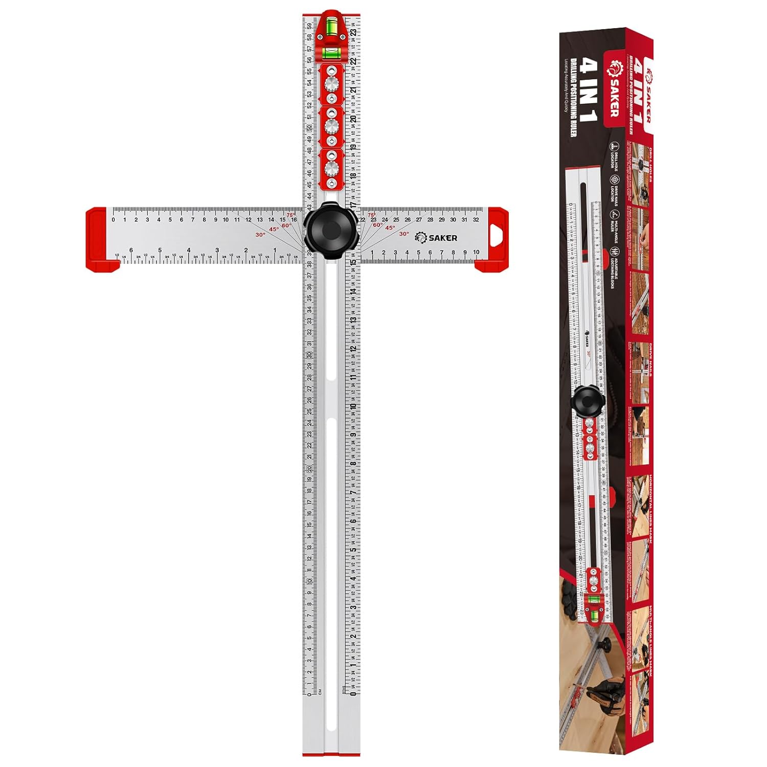 Saker 4-in-1 Drilling Positioning Ruler,T Square Woodworking Ruler,Marking Gauge...