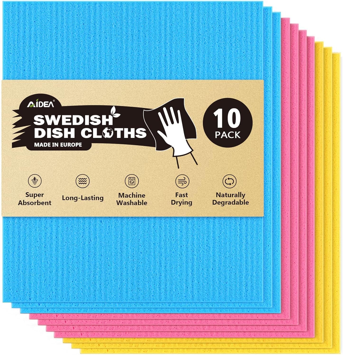 AIDEA Swedish Dish Cloths Pack of 10, Absorbent Friendly Reusable Hand Towels ki...