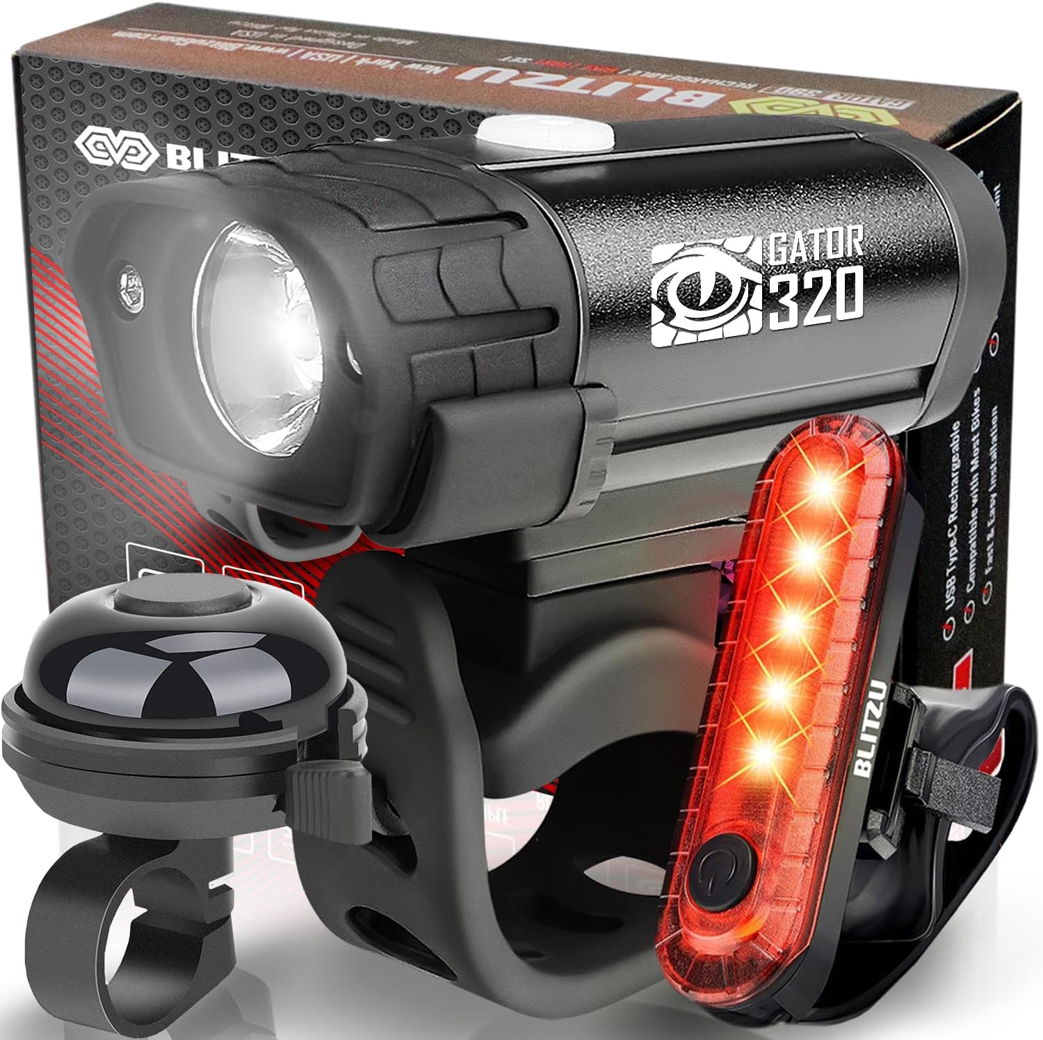 BLITZU Gator 320 Bike Lights, Bicycle Light Front and Back for Night Riding. USB...