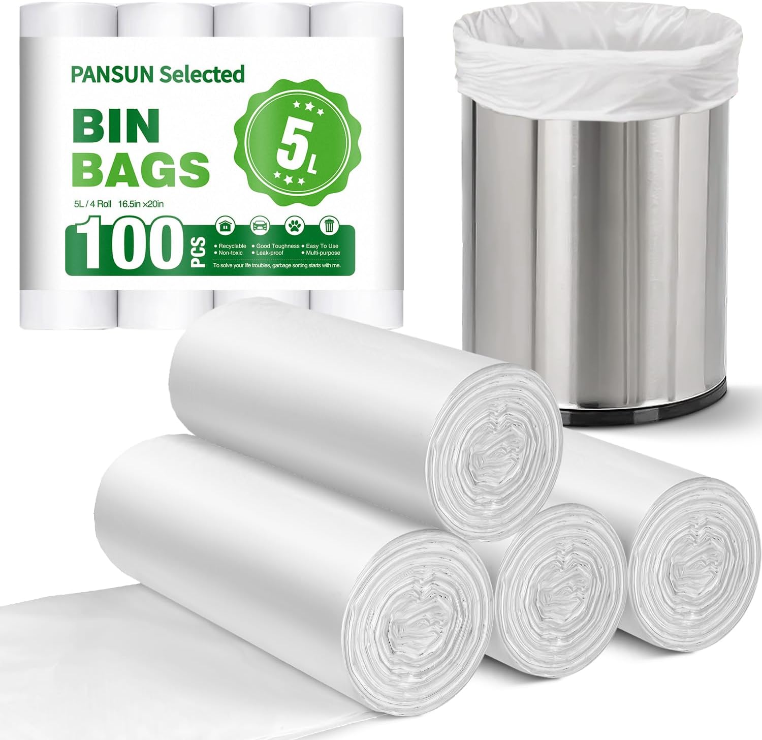 PANSUN Selected 100 Counts Small Bin Bags,5l Bin Liners,42cm*50cm Pedal Trash Ca...