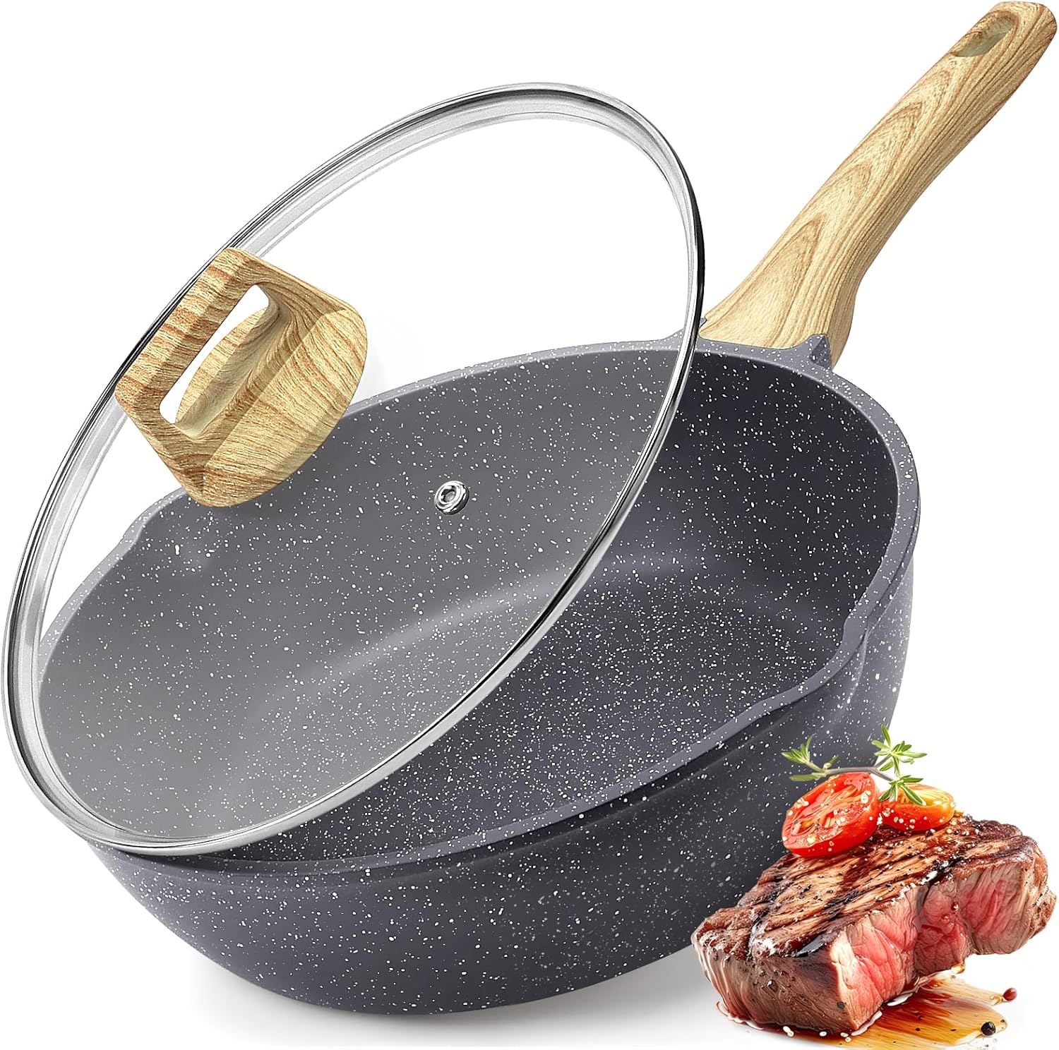 GiPP Nonstick Deep Frying Pan - 4.3L Grey Granite Saute Pan with Lid, Pour Spout...