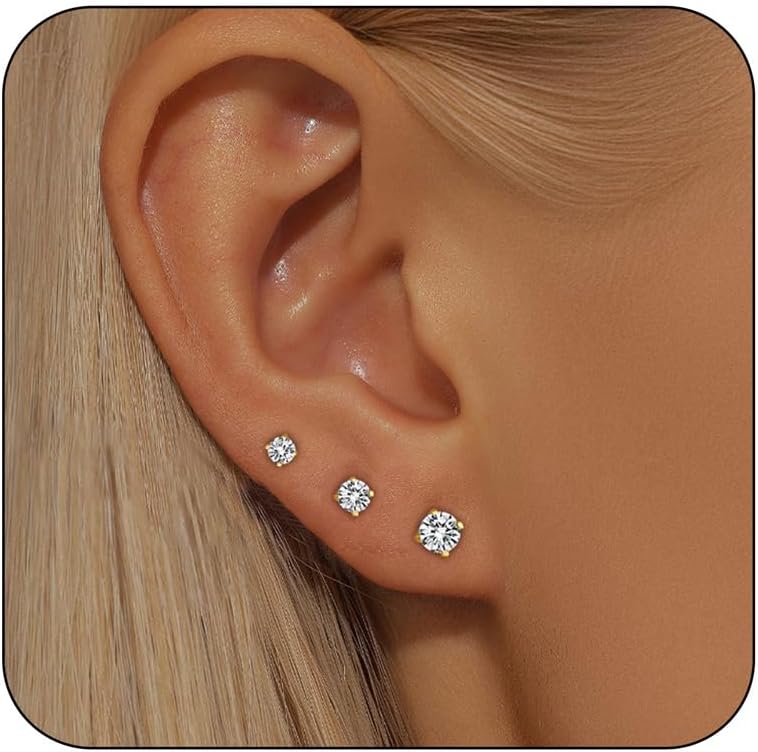 3 Pairs 14k Gold Studs Earrings for Women Hypoallergenic Cubic Zirconia gold stu...