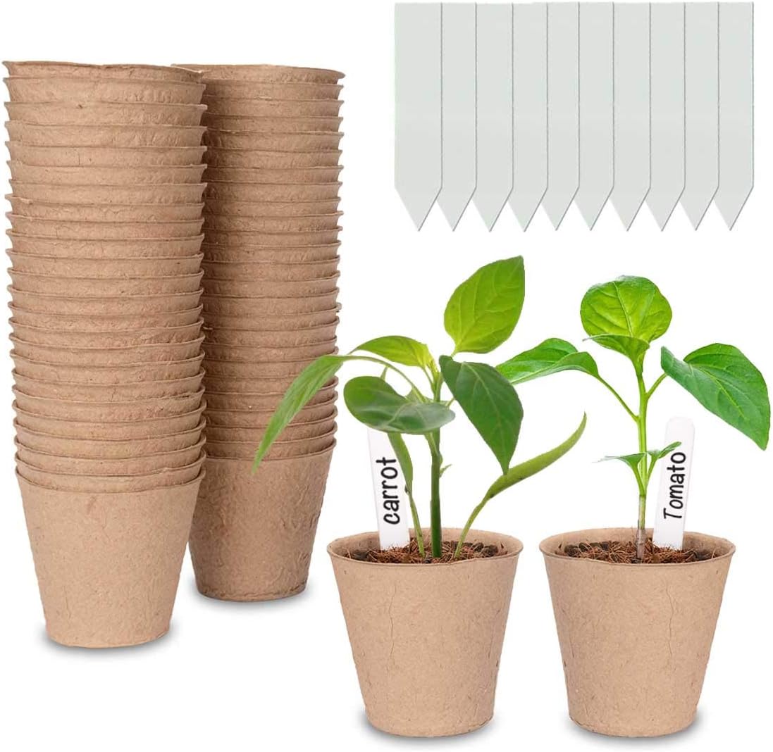Cymax 50 Pack 8cm Round Fibre Pot Seed Seedling Pot with 50pcs Plastic Plant Lab...