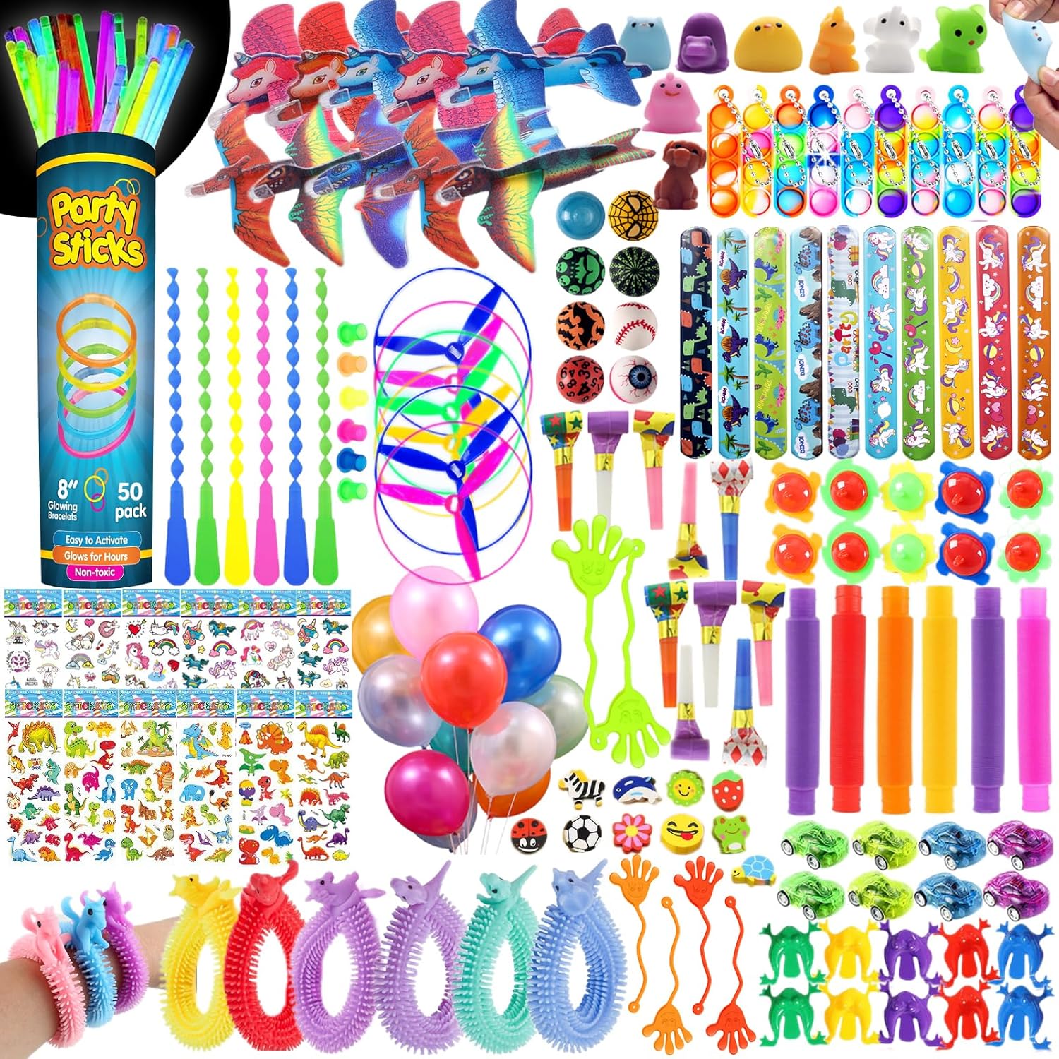 WAORZMK 230Pcs Party Bag Fillers Unisex with Glow Sticks, Balloons, Gliders, Pop...