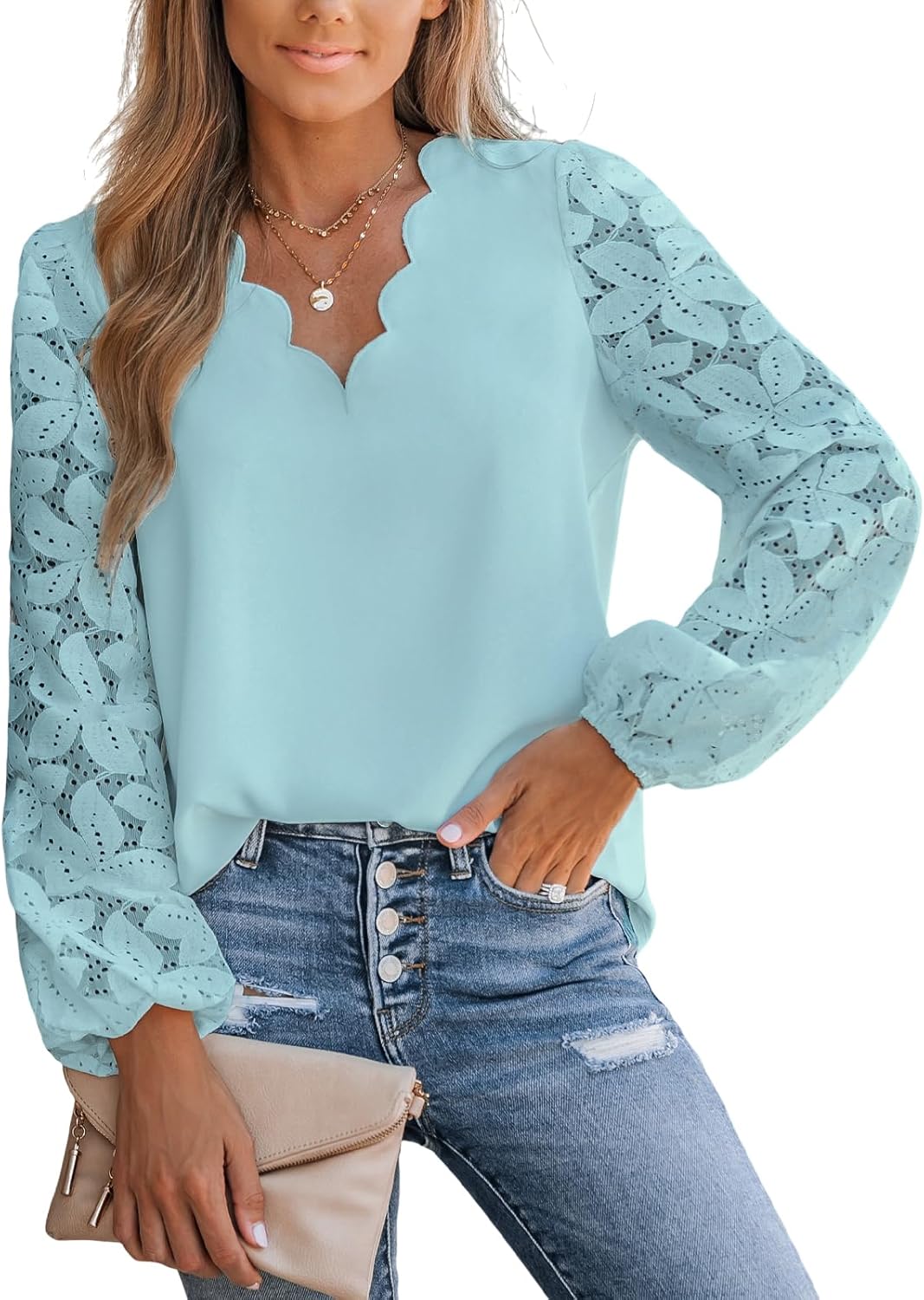 CUPSHE Women Blouse Floral Lace Scalloped Top Long Sleeve V Neck Elegance Shirt
