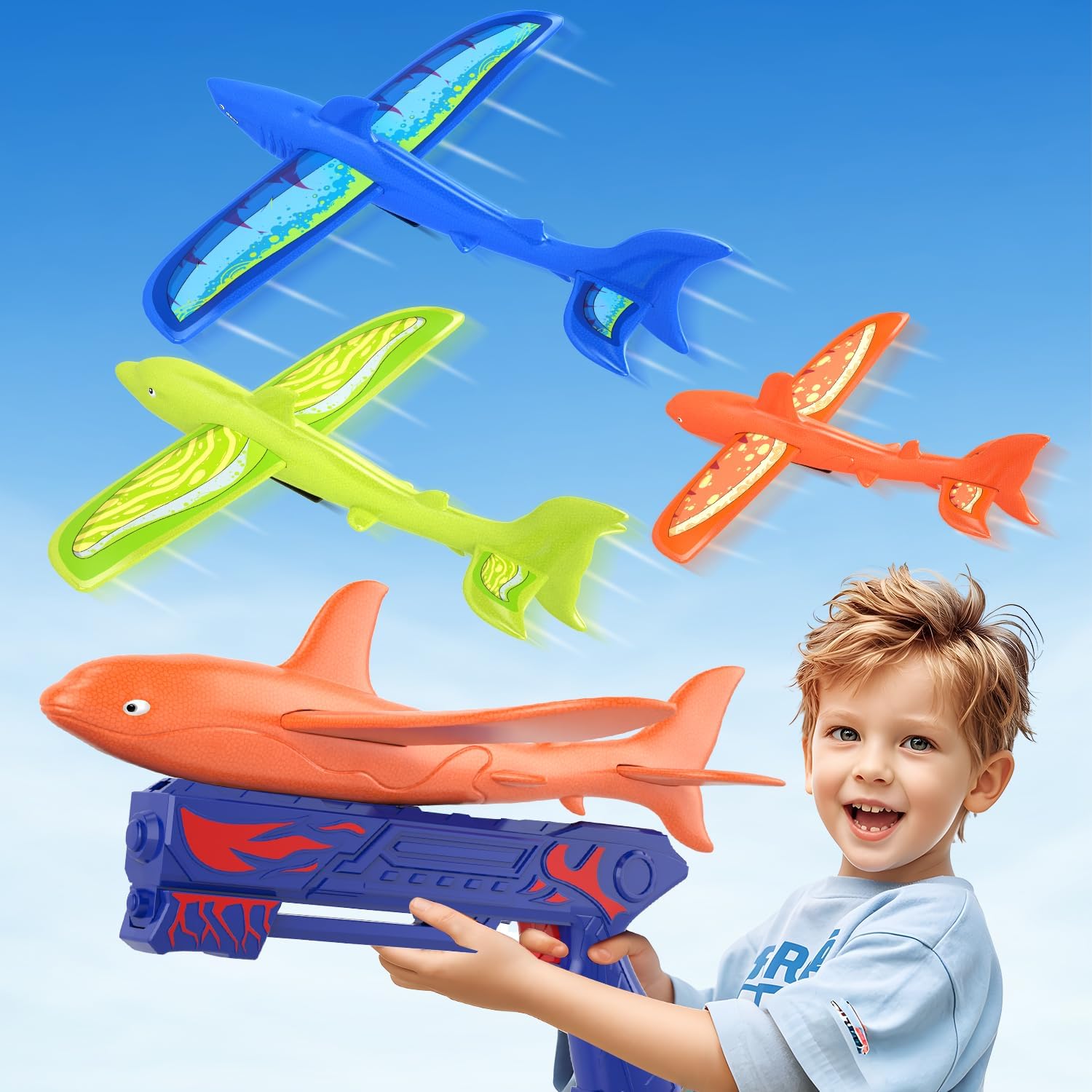 3 Pack Dreamy Ocean Foam Airplane Launcher Toys, Gliders with Fluorescent Sticke...