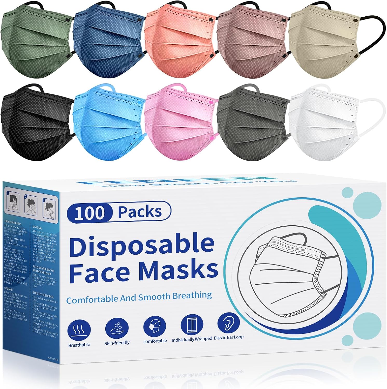 Disposable Face Mask For Adults - 100 Pack Individually Wrapped,FSA or HSA Eligi...