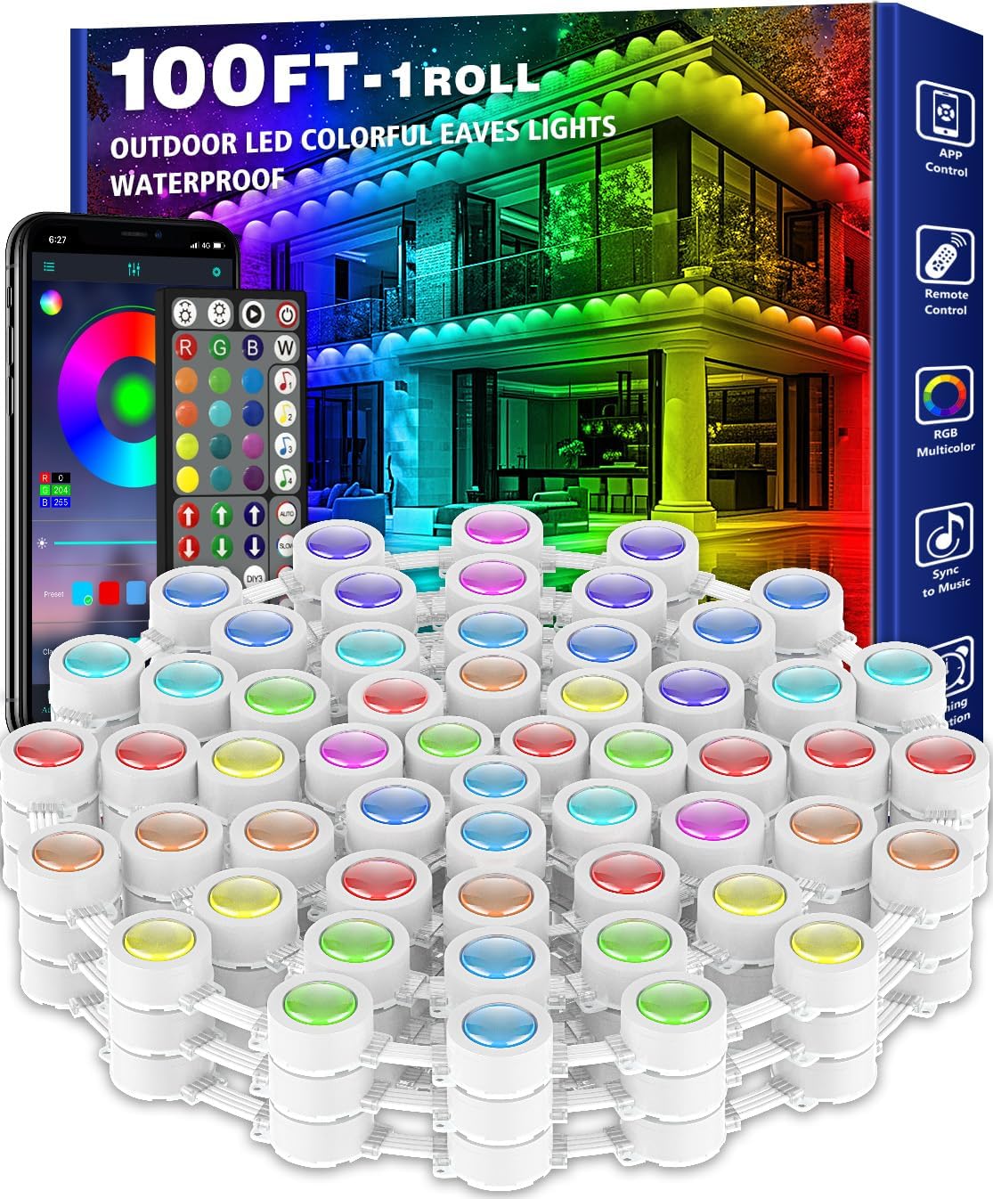 100FT Permanent Outdoor RGB Lights,Waterproof Smart LED Eaves Lights with App/Re...