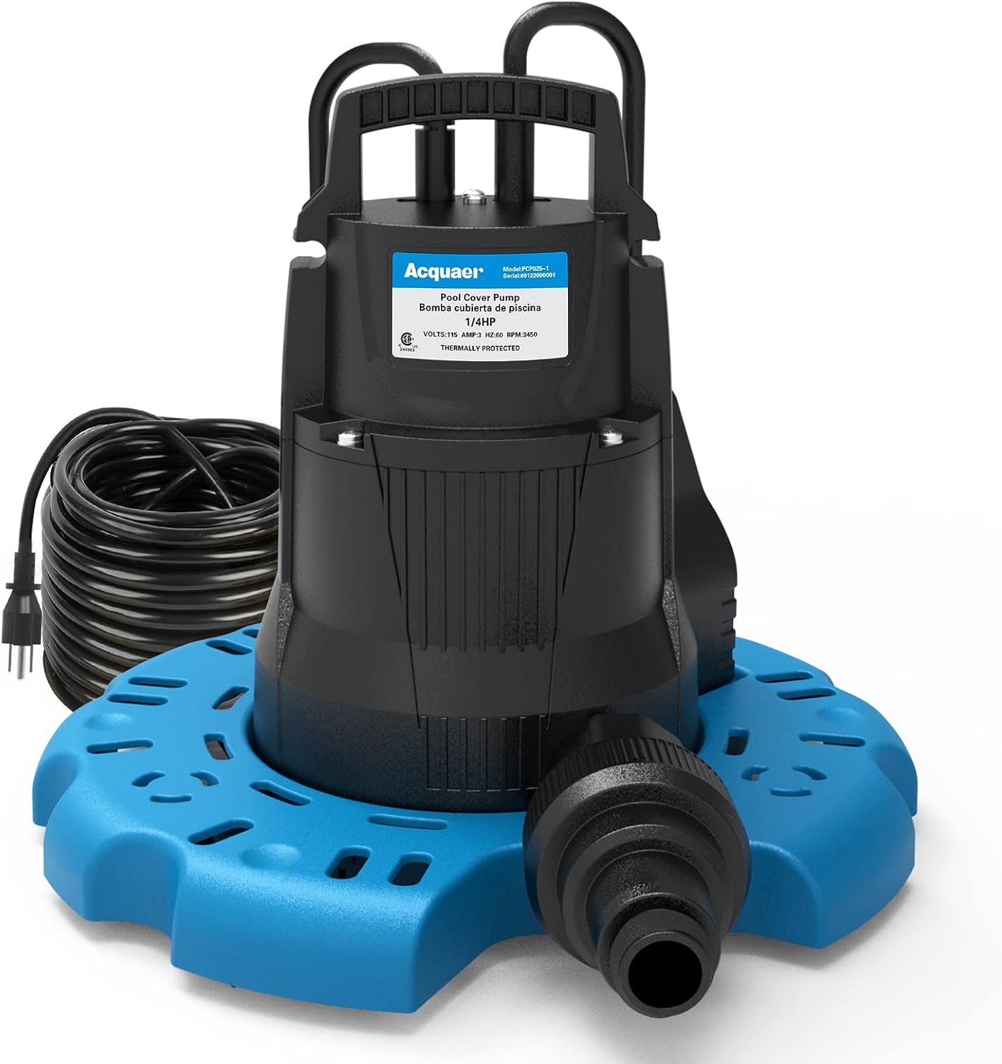 Acquaer 1/4 HP Automatic Swimming Pool Cover Pump, 115 V Submersible with 3/4” C...
