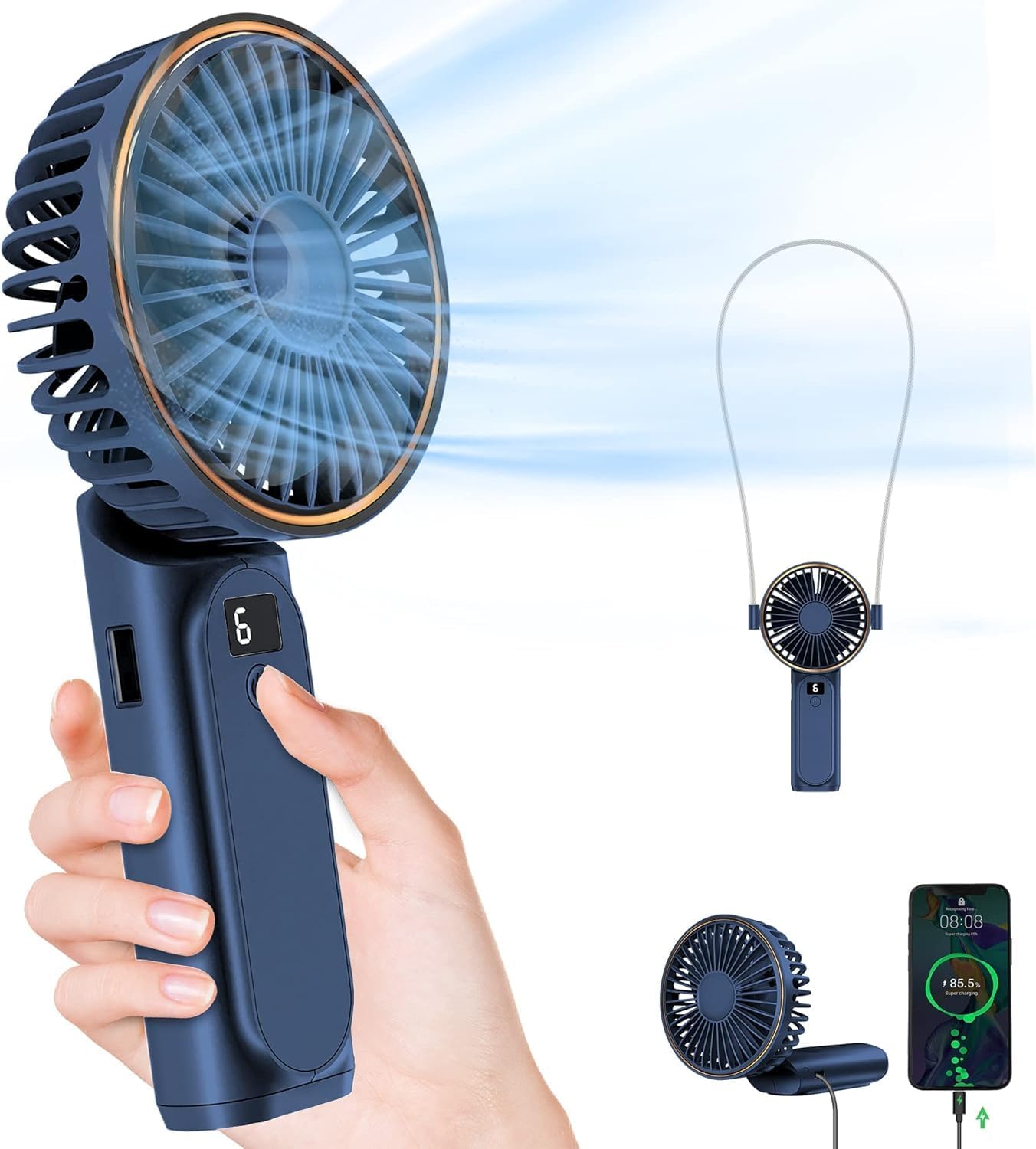 TUNISE Handheld Fan, Portable fan with 4000mAh, Hand Fan with LED Display, 180°...