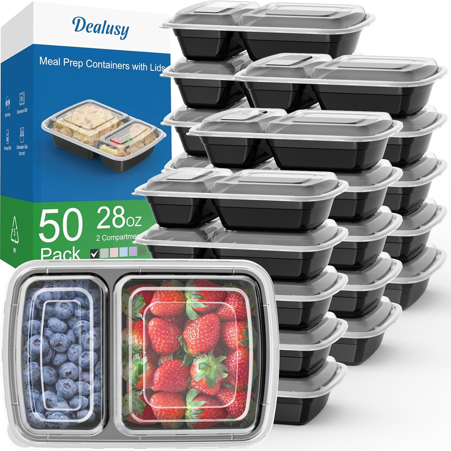 50 Pack (100-Piece) 28 oz Meal Prep Containers Reusable with Lids 2-Compartment,...