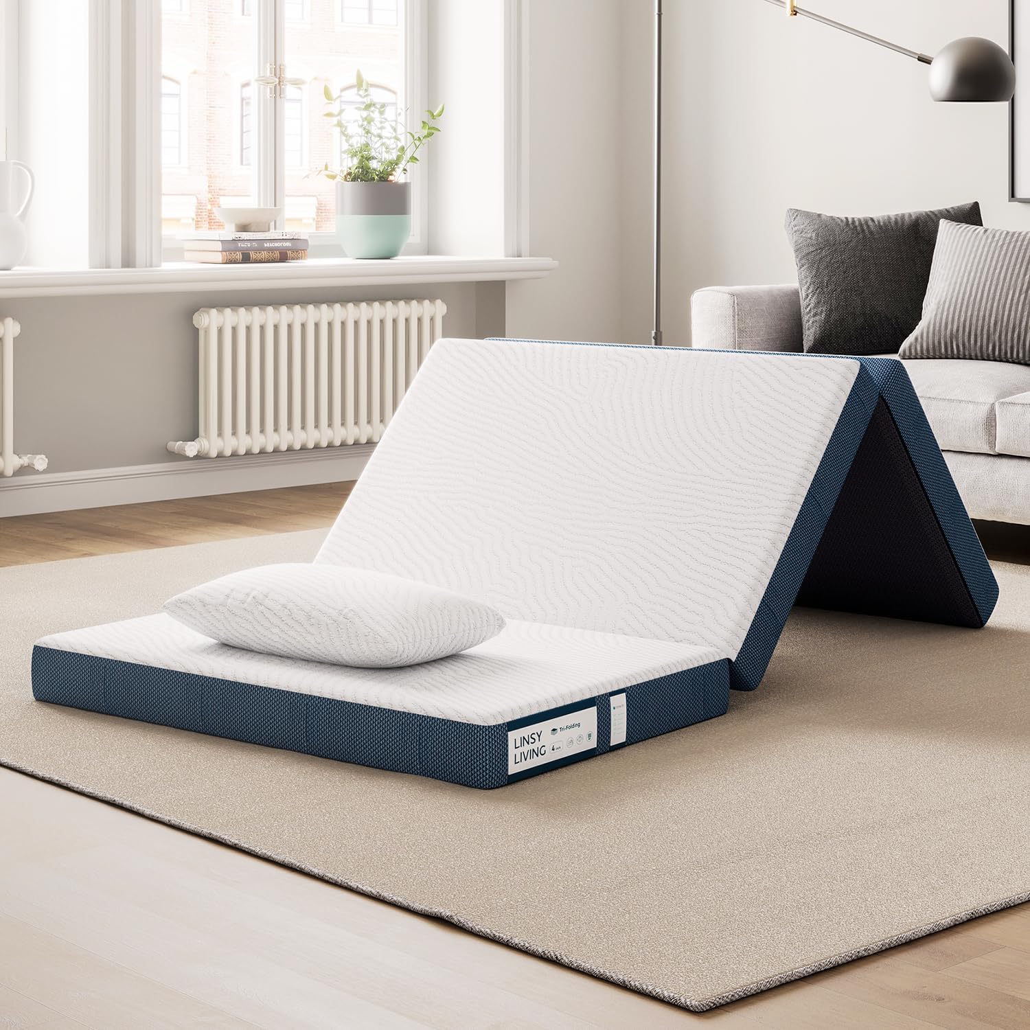 LINSY Living 4" Single Folding Mattress with Waterproof Cover, Tencel Trifold Ma...