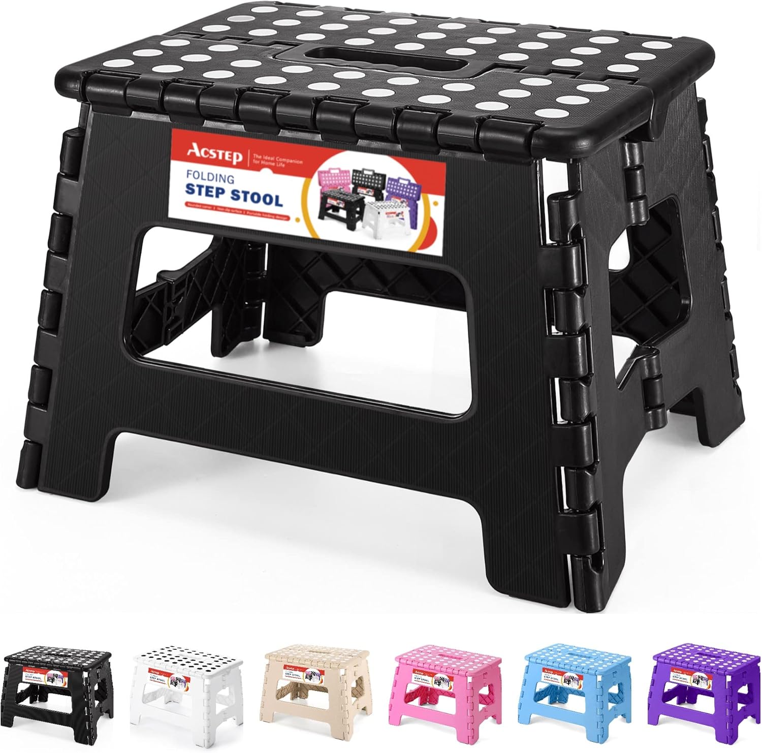 ACSTEP Folding Step Stool 9'' Tall Kids Step Stool Holds Up to 300 lb Plastic Fo...