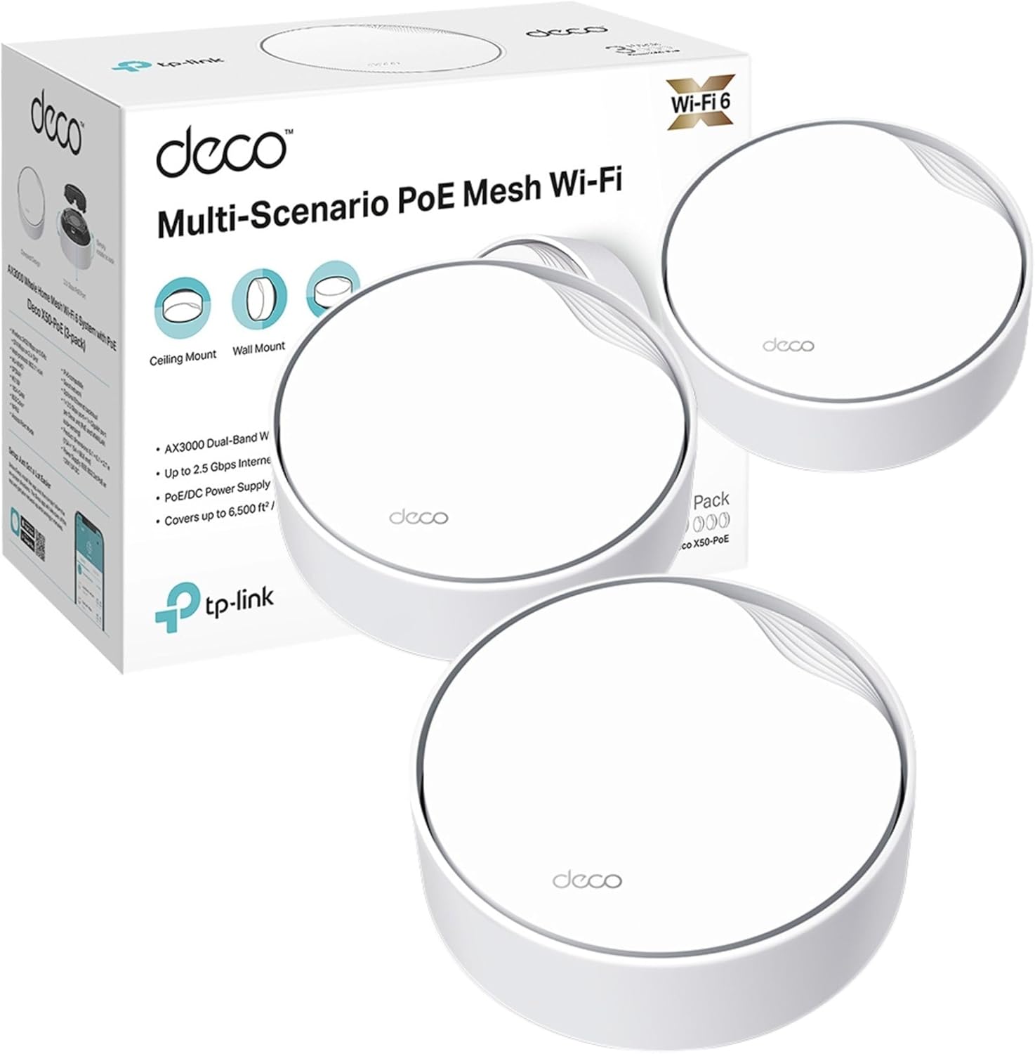 TP-Link Deco X50-PoE AX3000 Whole Home Mesh Wi-Fi 6 System with PoE, Dual-Band,...
