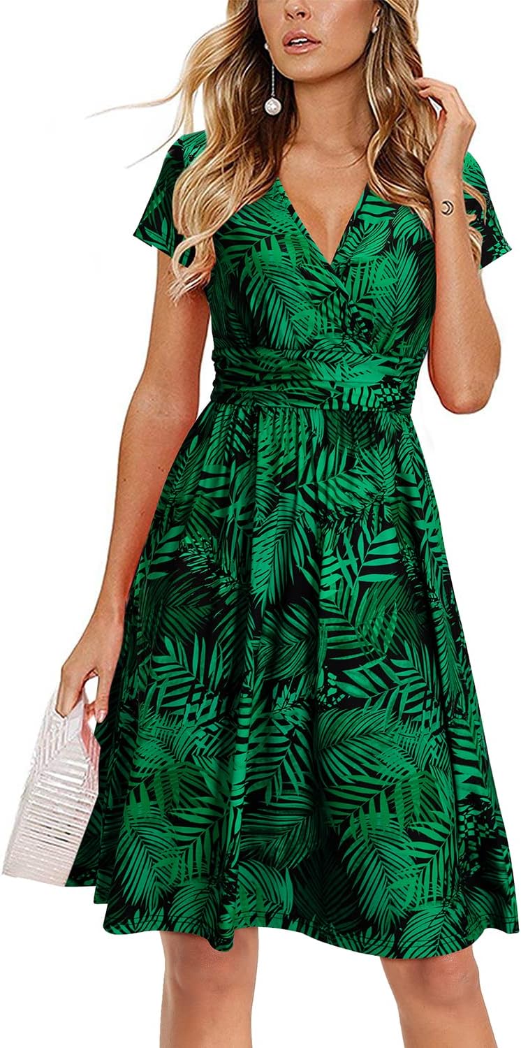 OUGES Women's Summer Midi Dress V-Neck Long/Short Sleeve Floral Ladies Spring Dr...