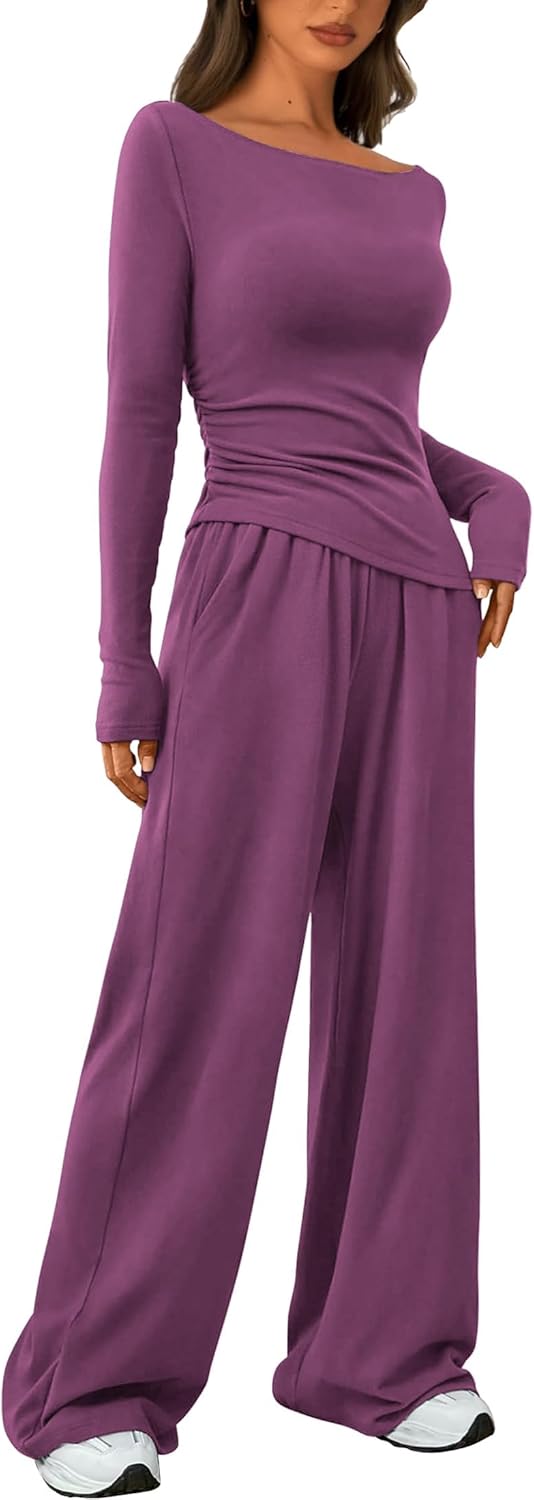 Women's Fall Two Piece Outfits Asymmetrical Long Sleeve T Shirt Wide Leg Pants L...