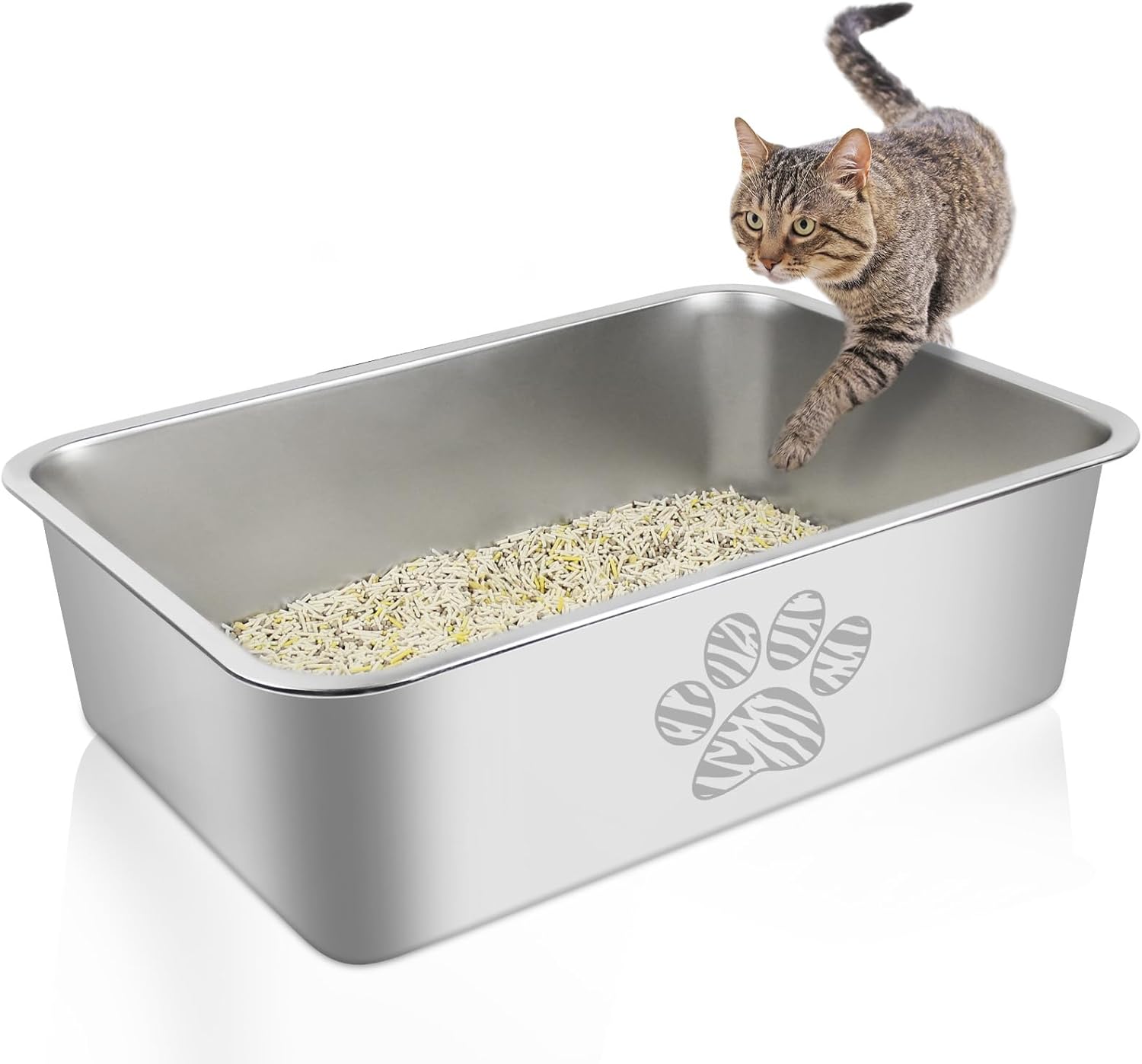 Stainless Steel Cat Litter Box High Side Cats Toilet Metal Kitten Litter Pan, Pe...
