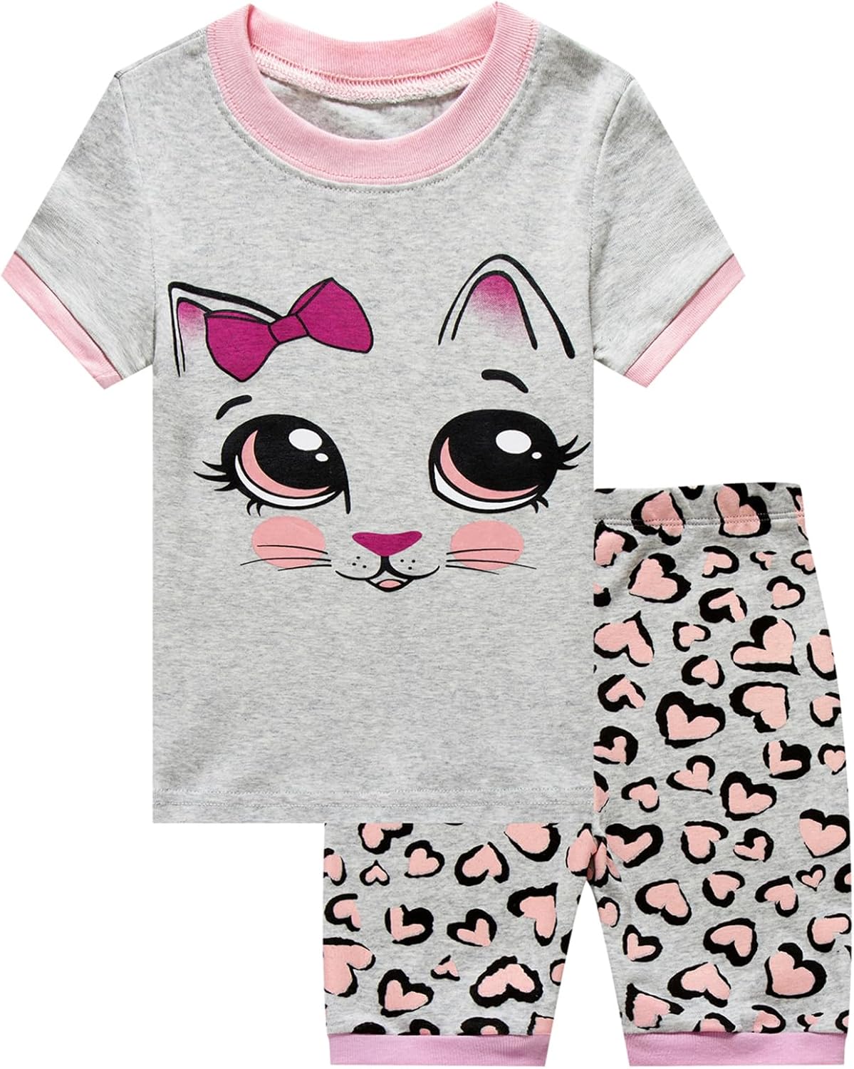 Girls Summer Pajamas Cotton Shorts Sleeve Pajamas for Girls 7 Years Grey Cat