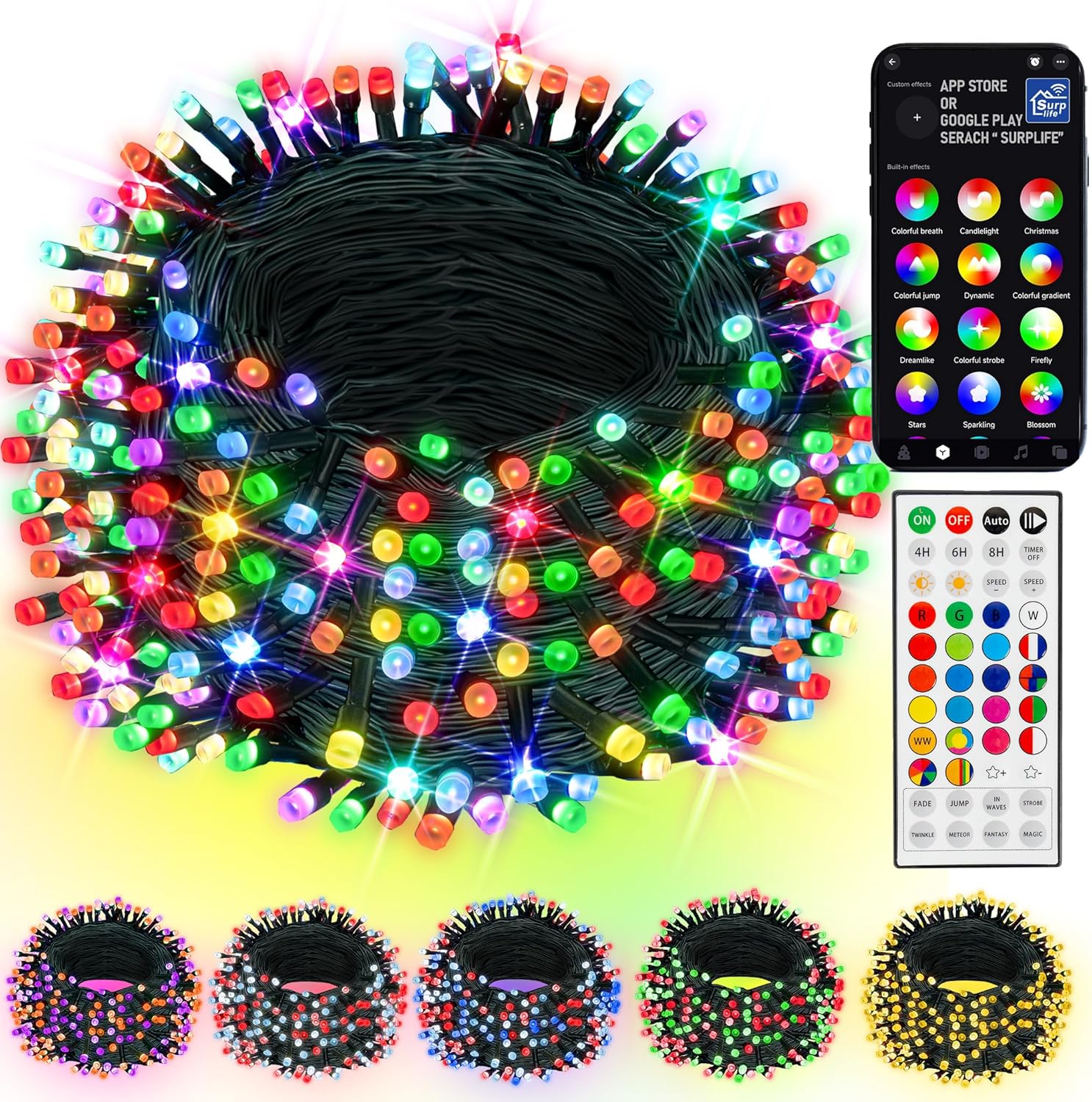 Dazzle Bright Smart Christmas String Lights, 98FT 300 LED RGB Color Changing Str...