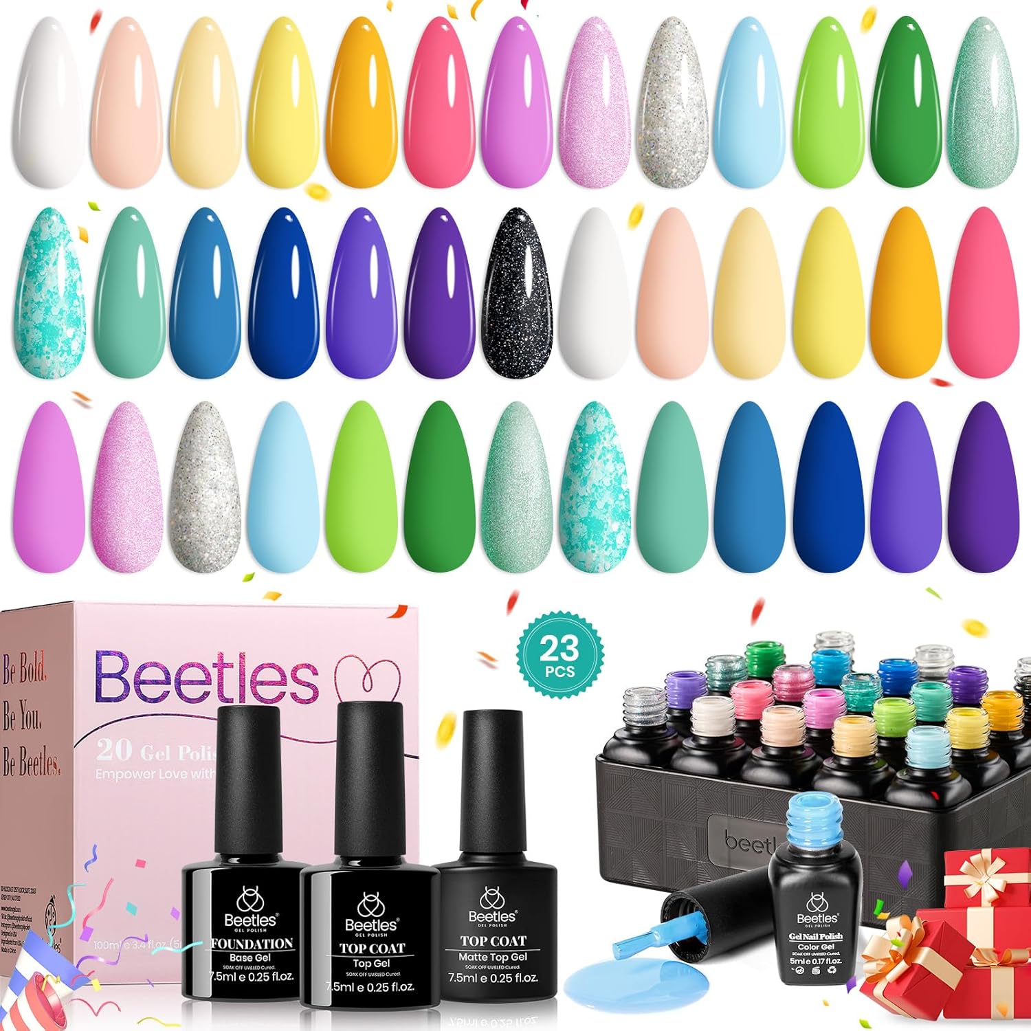 Beetles Spring Gel Nail Polish Set, 23 PCS 20 Colors Pastel Neon Pink Yellow Gre...