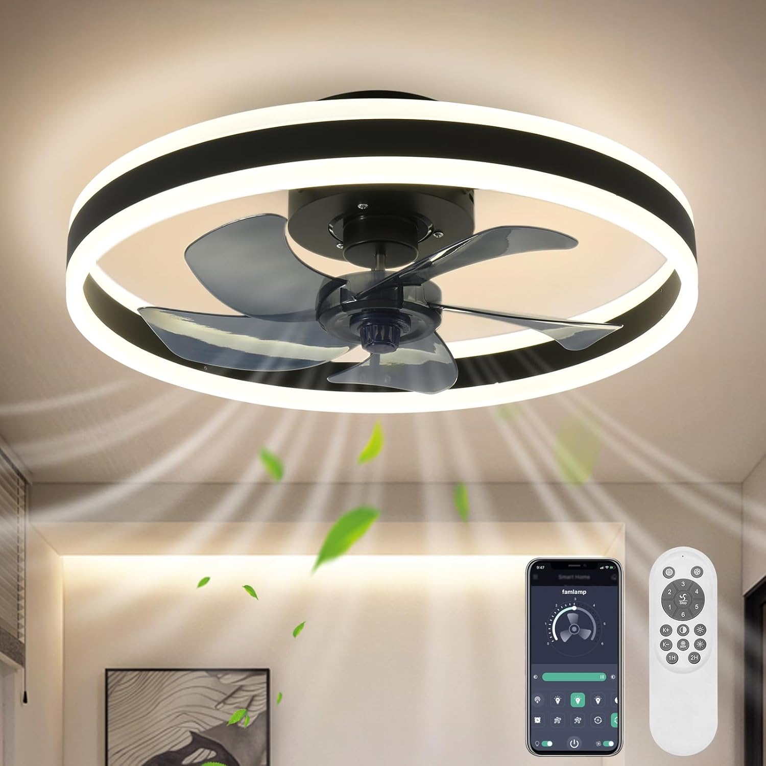 KINDLOV 19.7" Ceiling Fan with Light,6 Speeds Flush Mount Modern Ceiling Fans wi...
