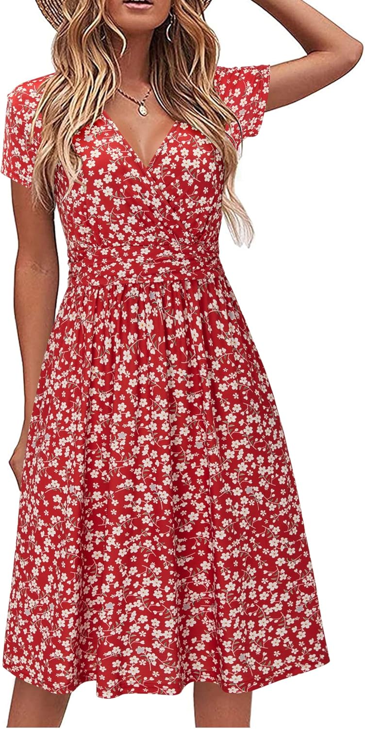 STYLEWORD Women's Summer Dress Short Sleeve V-Neck Sundress Floral Wrap Waist Ca...
