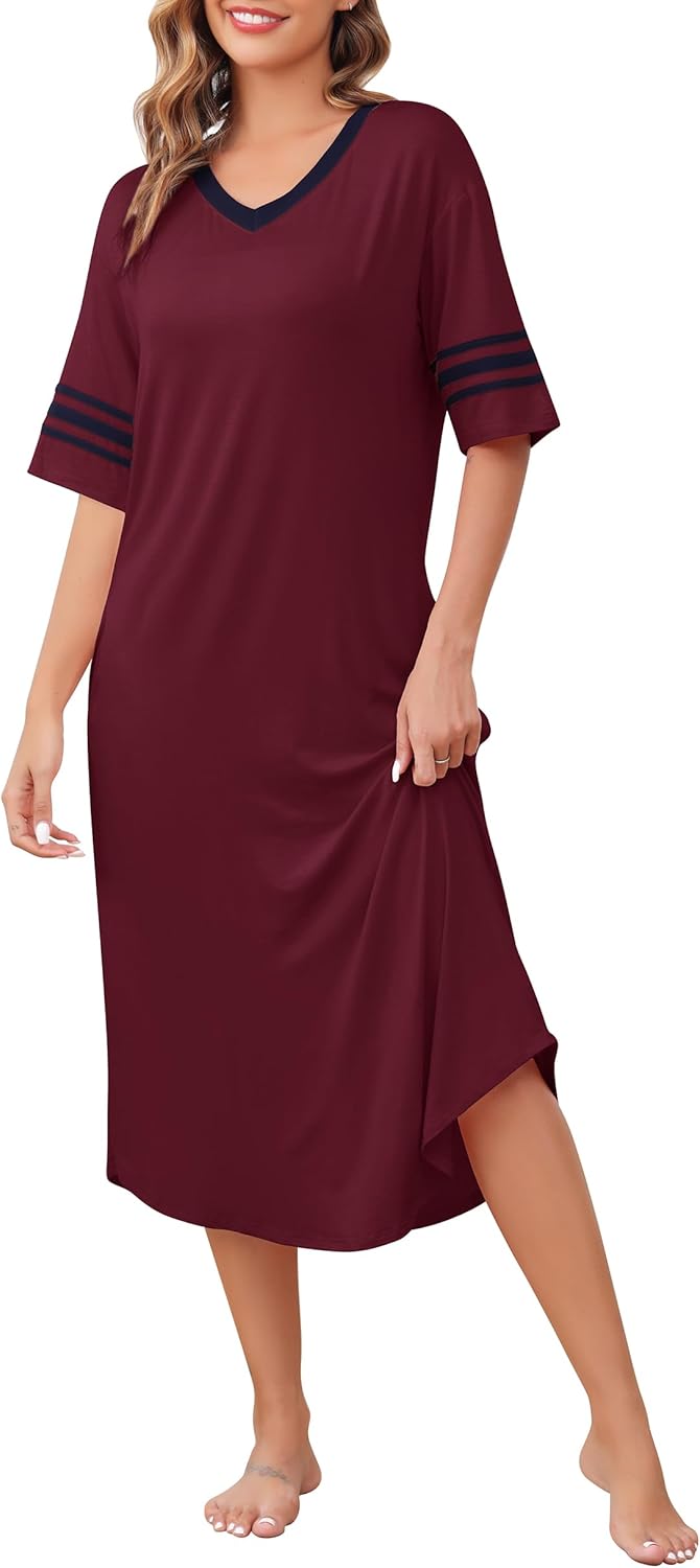 Vlazom Women's Long Nightshirt V Neck Nightdress Boyfriend Style Oversized Sleep...