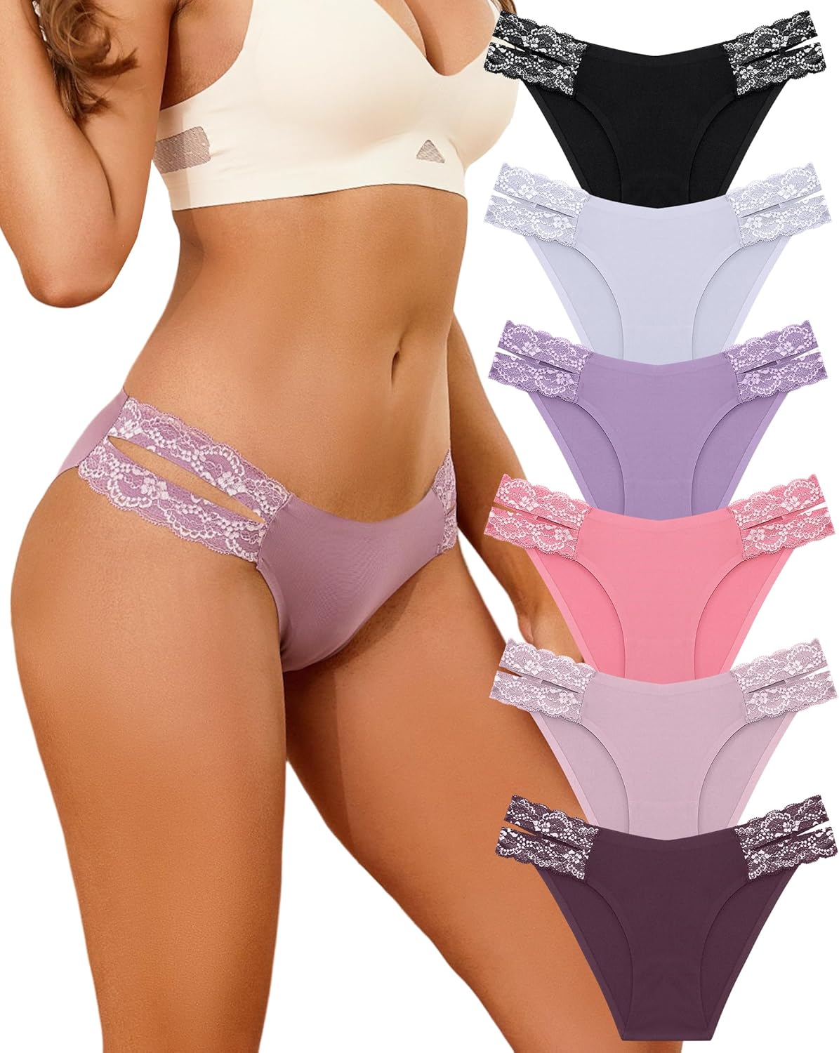 FINETOO Seamless Underwear for Women Cheeky Bikini Panties High Cut V-waist Lace...