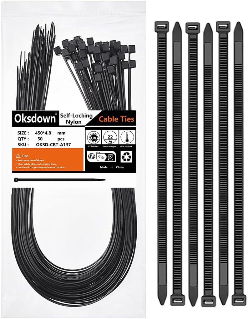 Oksdown Cable Ties 450mm×4.8mm Black Thick Heavy Duty Large Strong Nylon Plastic...