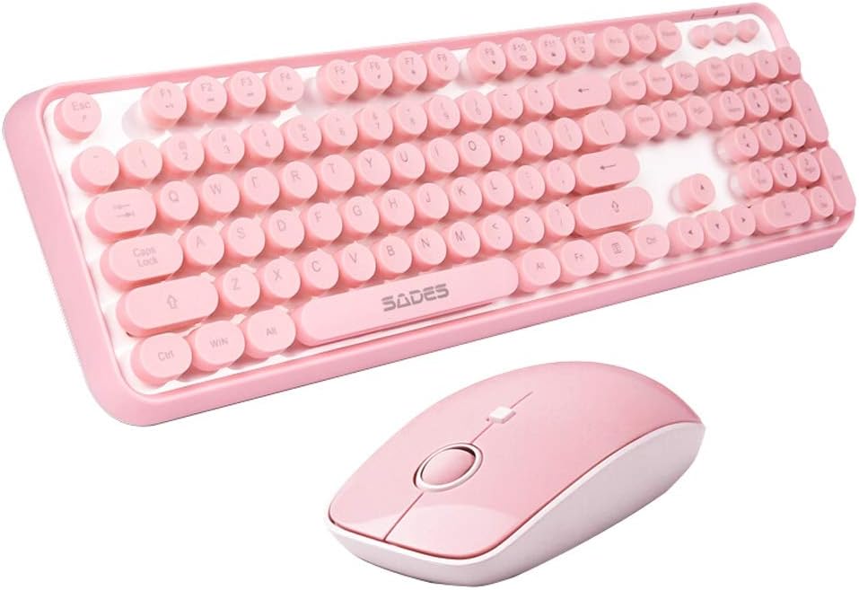 SADES V2020 Pink Wireless Keyboard with Round Keycaps,2.4GHz Dropout-Free Connec...