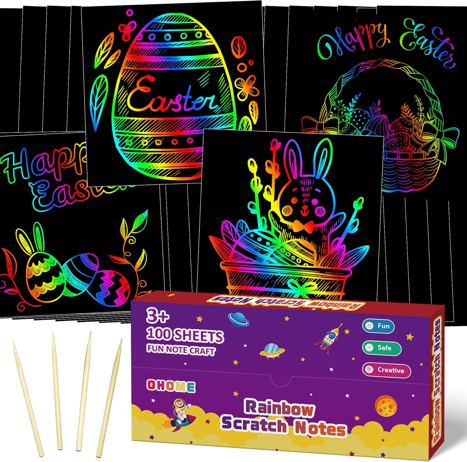 OHOME Easter Basket Stuffers for Kids Toddler - 100 PCS Scratch Art Paper,Easter...