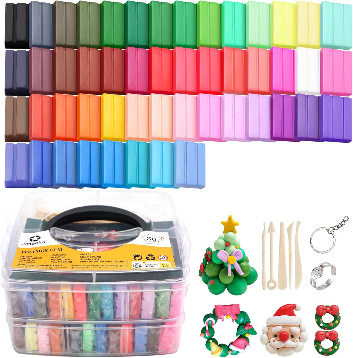 Artecho Polymer Clay, 50 Colors Modeling Clay for Kids, Christmas Earring Making...