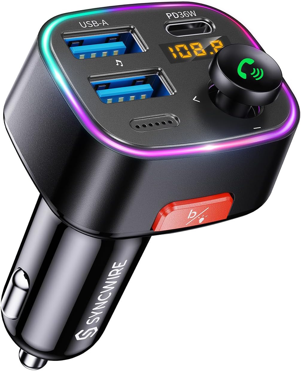 Syncwire Bluetooth 5.4 FM Transmitter Car Adapter 48W (PD 36W & 12W) [Light Swit...