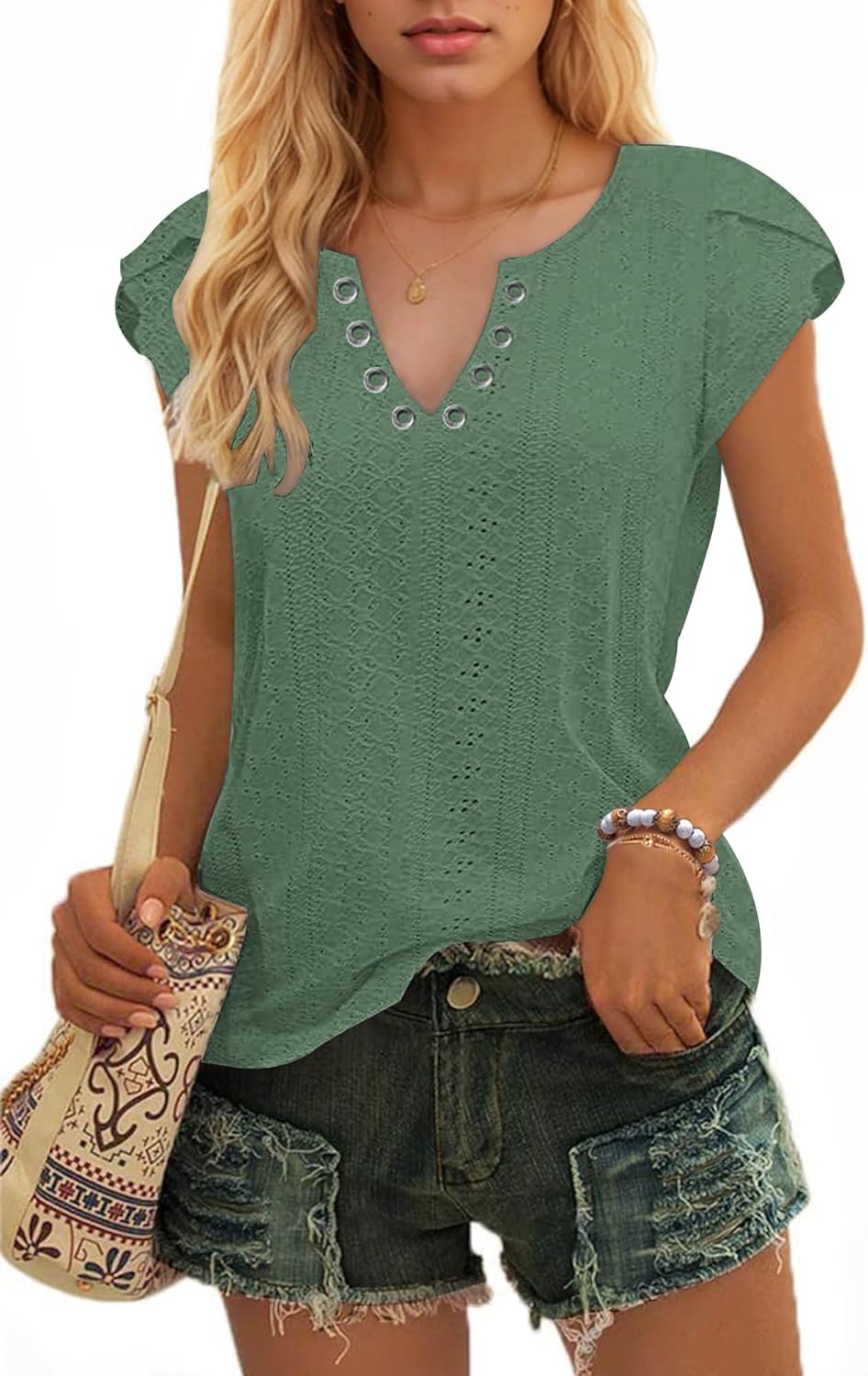WNEEDU Ladies Tops Petal Short Sleeves V Neck T-Shirts V Neck Top for Women UK C...
