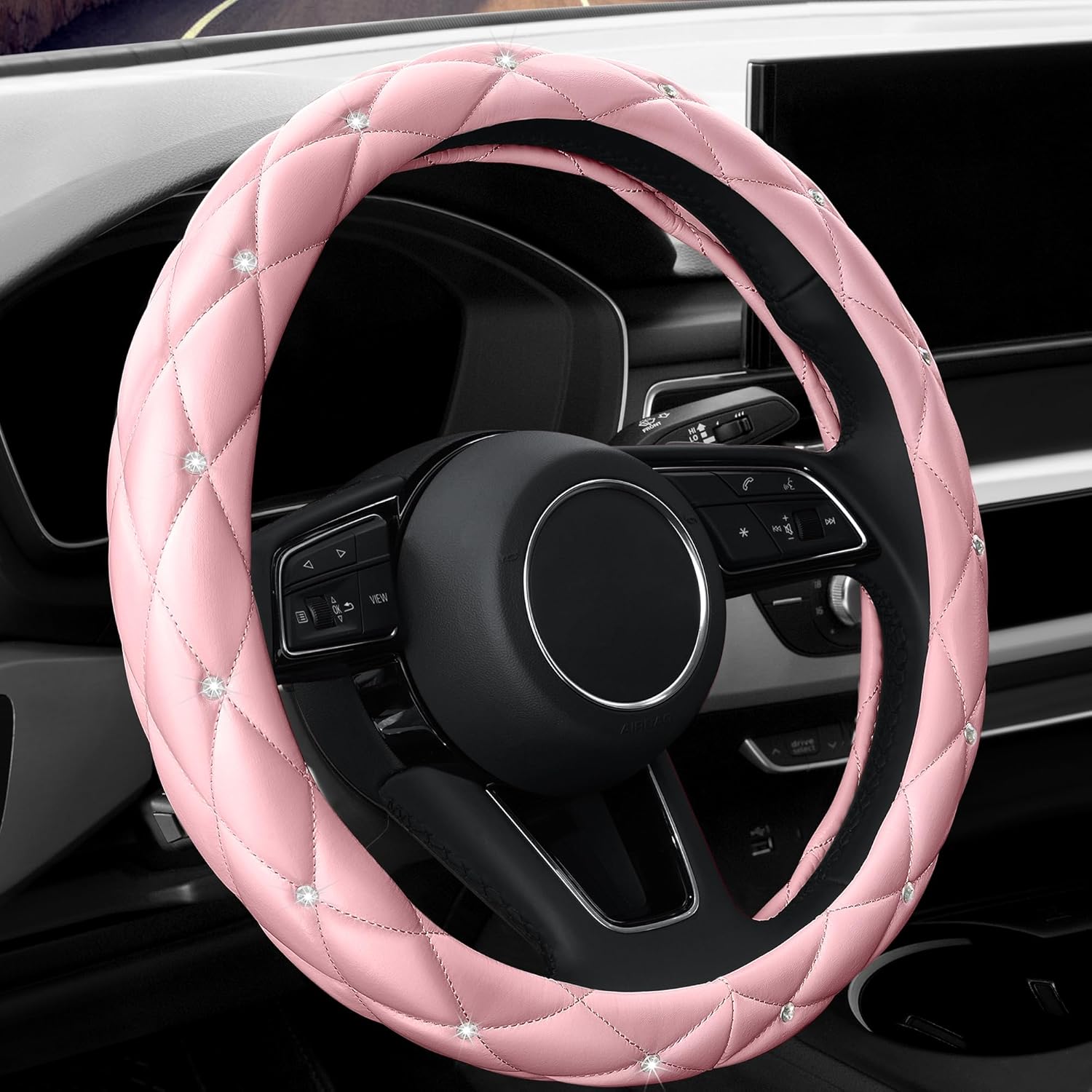 YOGURTCK Cute Diamond Soft Light Pink Leather Anti-Slip Steering Wheel Cover wit...