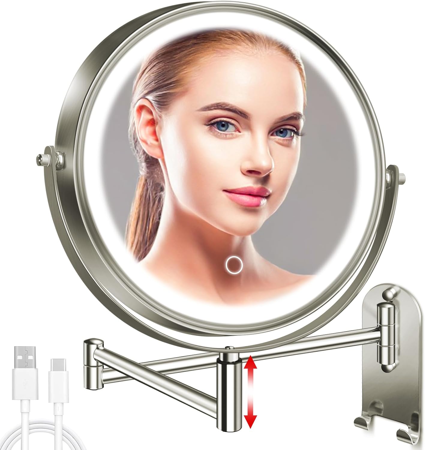 8" Wall Mounted Lighted Makeup Mirror, 3000mAh Rechargeable Double Sided 1X/10X...