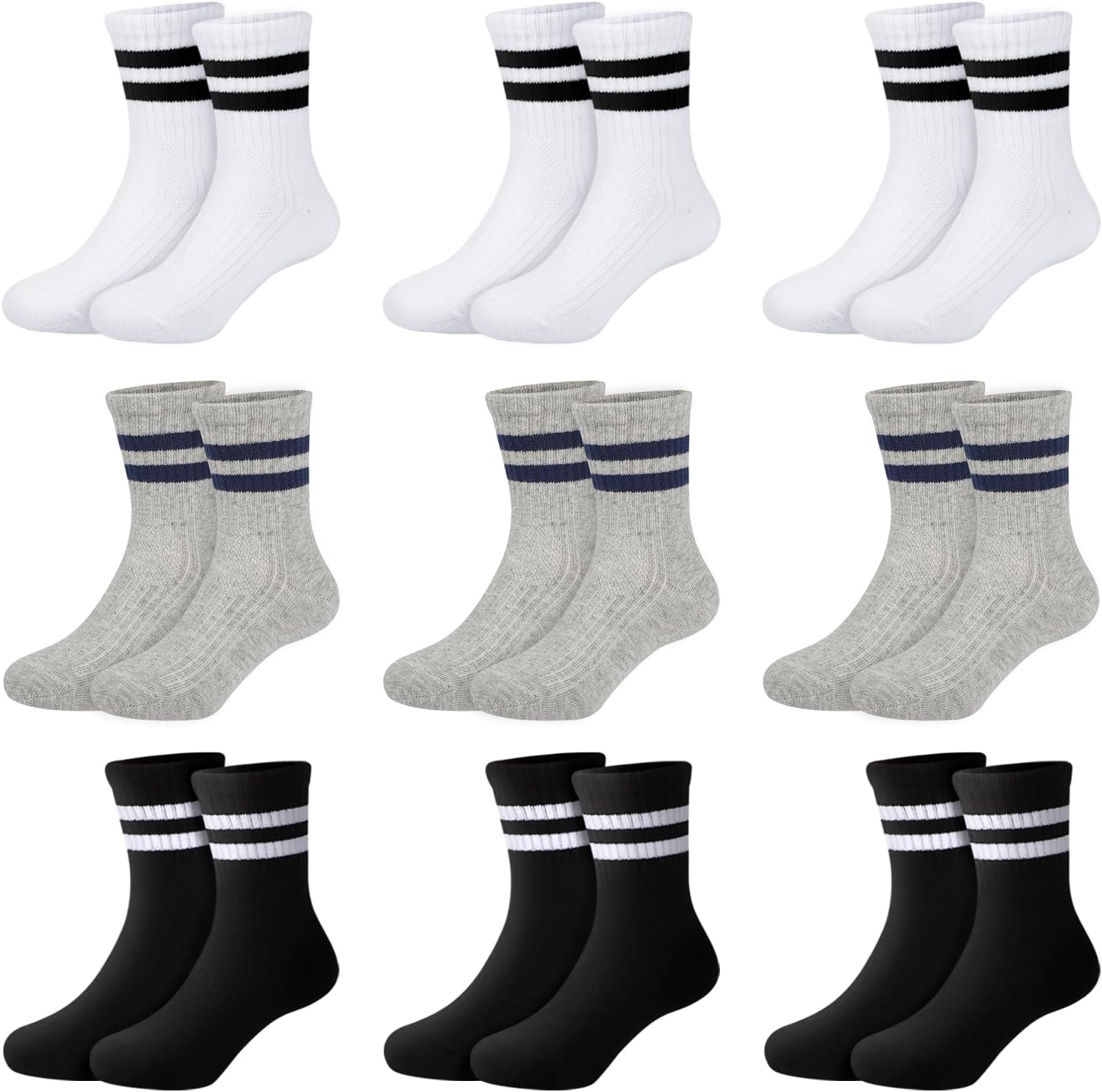 Auranso Boys Socks 9 Pairs Kids Sports Cushioned Crew Socks Girls Black White Gr...