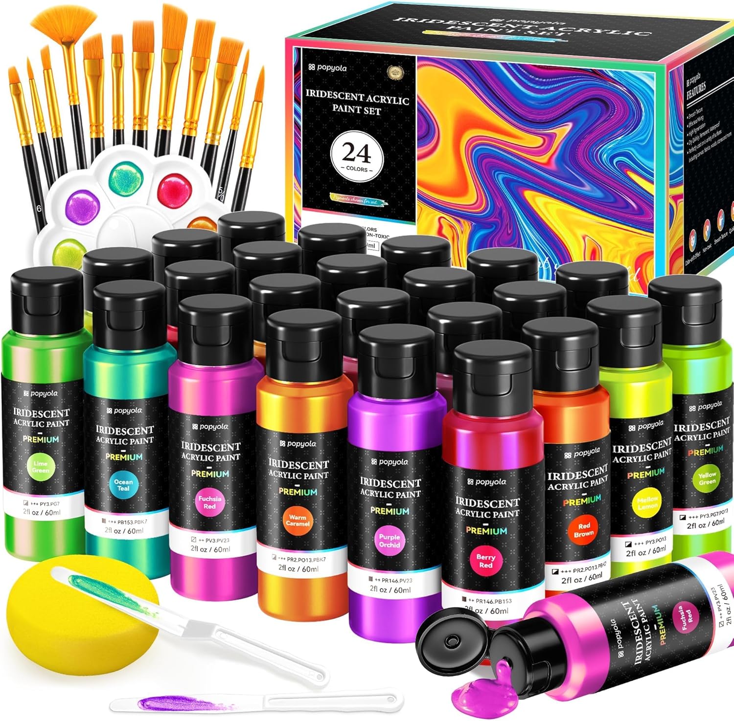 40 PCS Iridescent Acrylic Paint Set with 12 Brushes, 2 Knives, Palette and Spong...