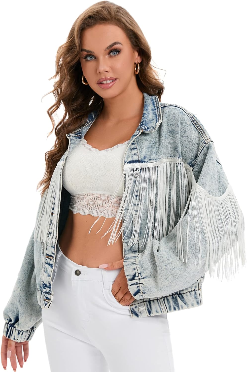 Women's Oversized Vintage Denim Jacket Long Sleeve Boyfriend Coat Medium Acid Bl...