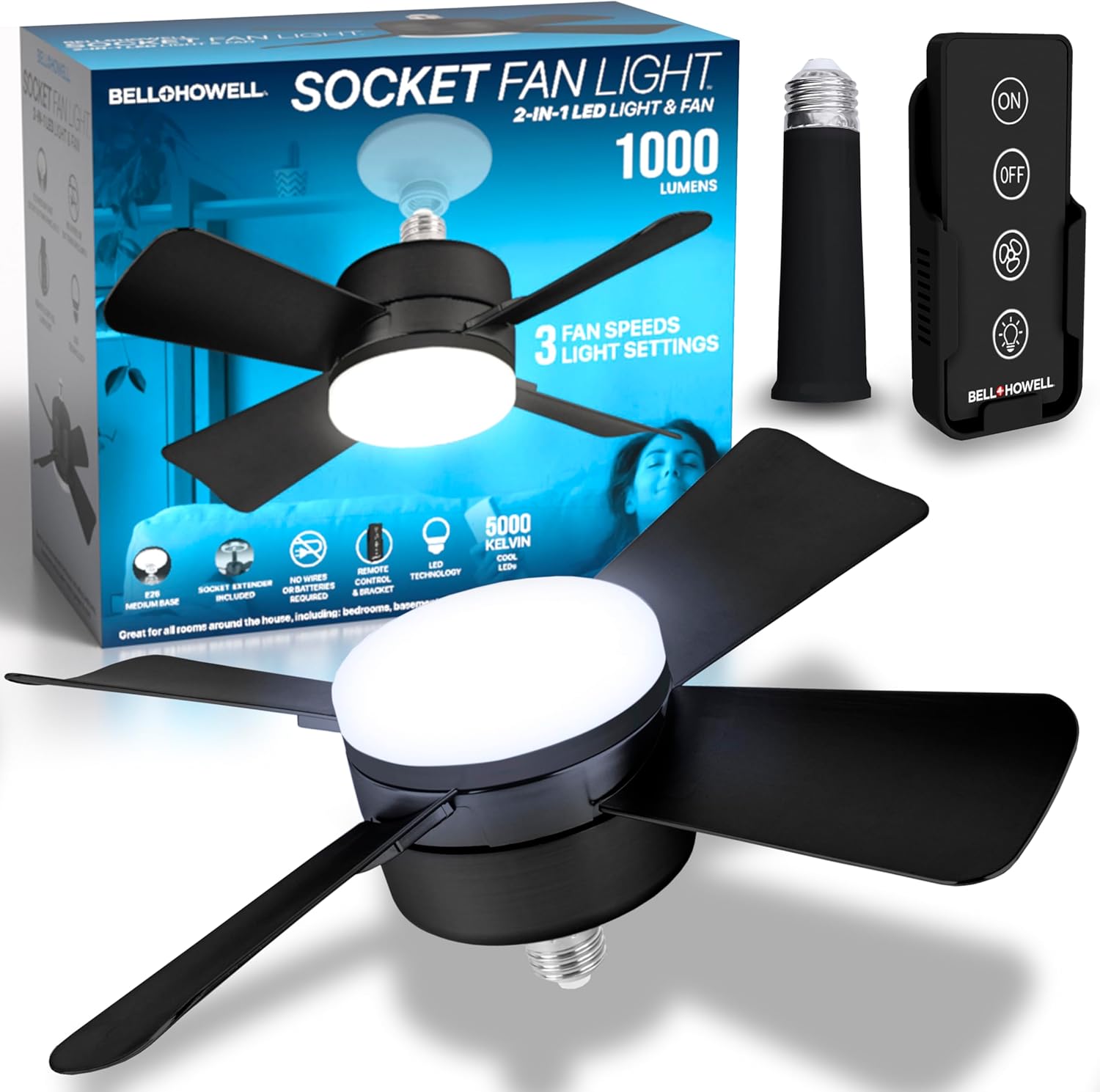 Bell+Howell Socket Fan Light Deluxe, Small Ceiling Fan with LED Light and Remote...