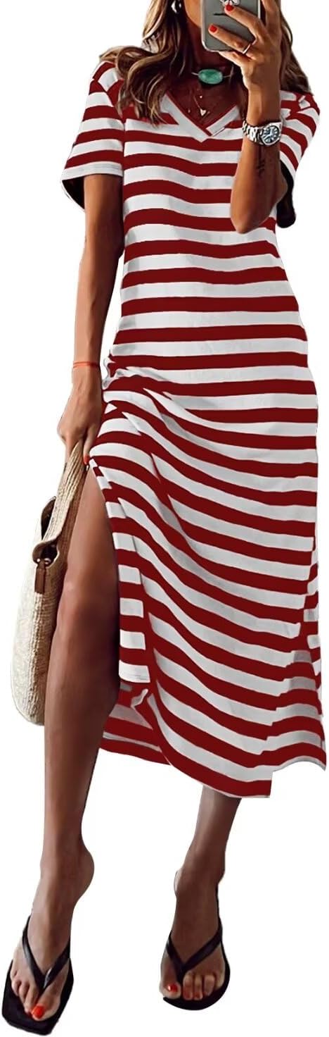 BLENCOT Women Summer Dress Striped Short Sleeve V Neck Sundress Casual Side Slit...