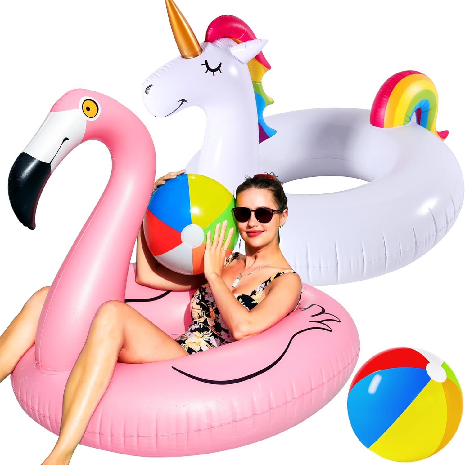 FindUWill 2 Pack 42'' Inflatable Pool Floats Flamingo Unicorn Swim Tube Rings wi...