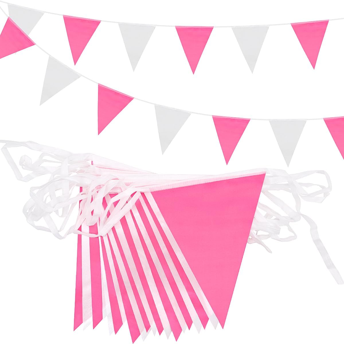 ADQUATOR 20m 52pcs Pink White Pennant Bunting,Double Sided Reusable Polyester Fa...