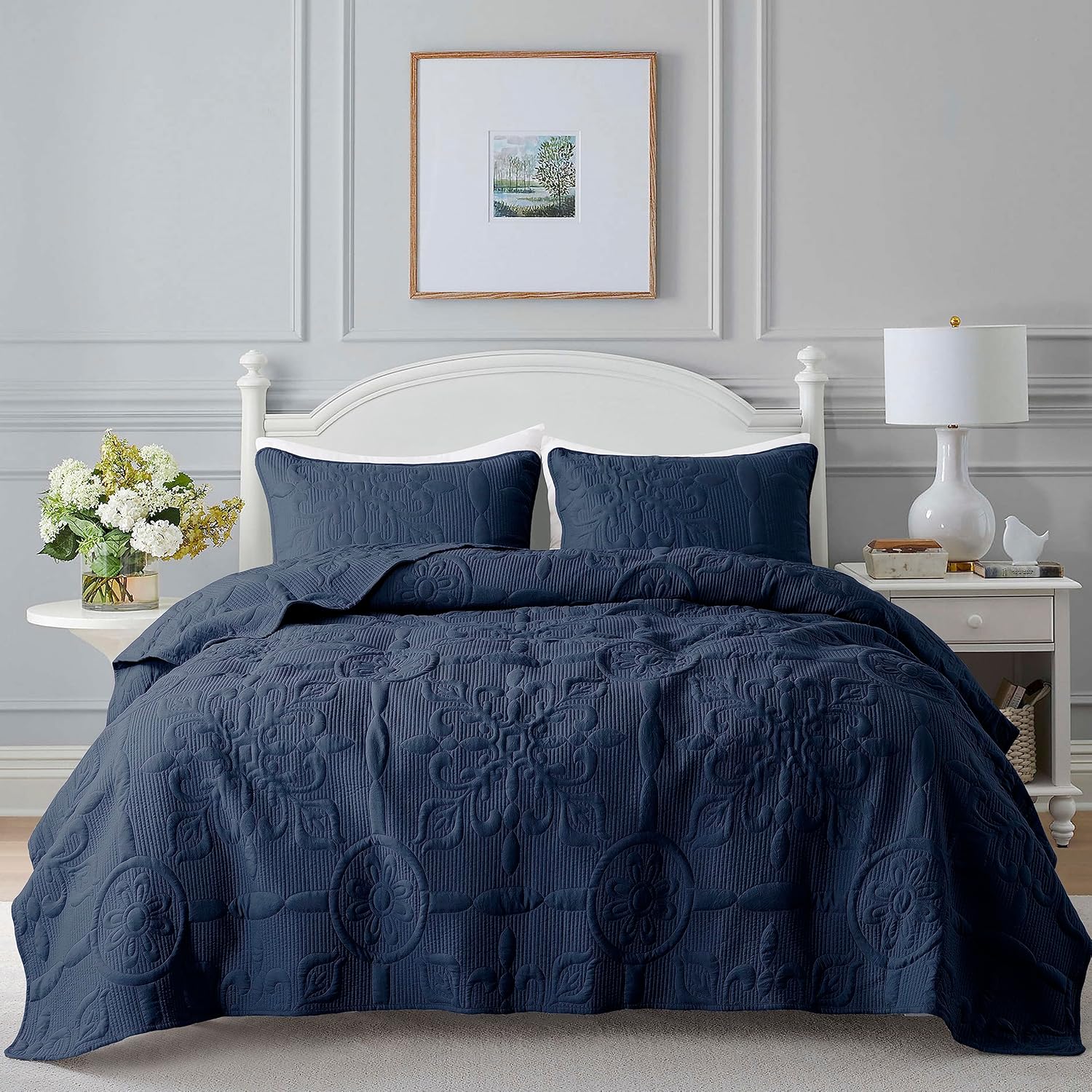 B2EVER Navy Blue Damask Quilt Twin Size Bedding Sets with 1 Pillow Sham, Boho Be...