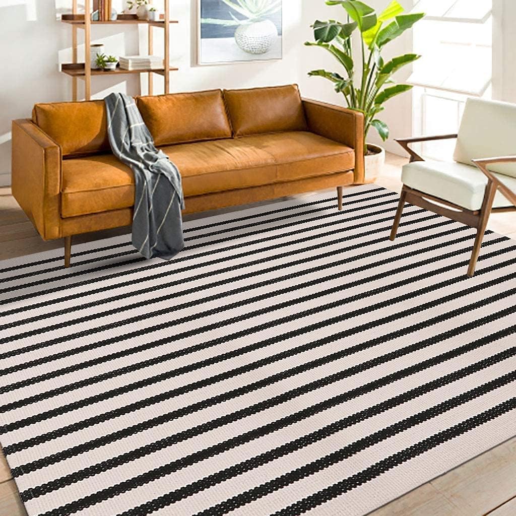 LEEVAN Black and White Striped Outdoor Area Rug 4x6 ft Patio Rugs Washable Woven...