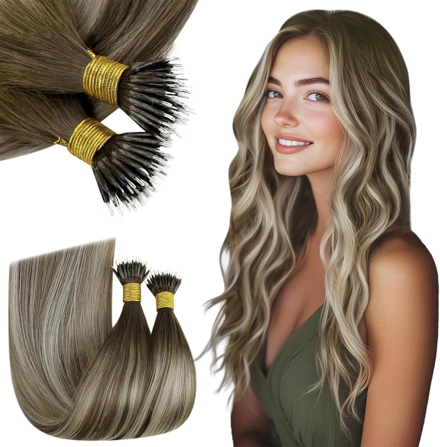 RUNATURE Nano Hair Extensions Balayage Blonde to Brown Human Hair Nano Extension...